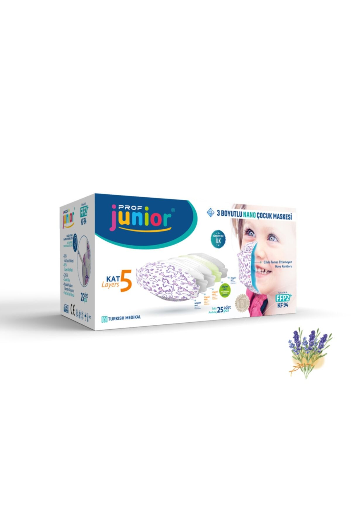 Prof mask Prof Junior 5 Kat Çocuk Maskesi Kız-Unicorn Design Lavantalı (25’li Kutu)