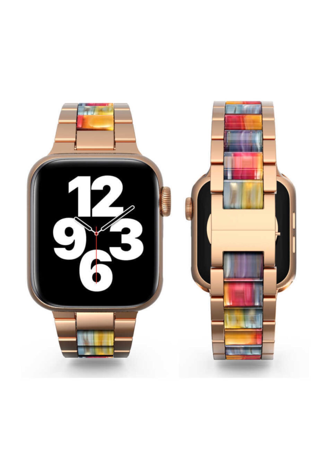 Apple Watch 7 45mm Uyumlu 7 Metal Gövde Üzerinde Renkli Reçine Taşlı Tasarım Kordon