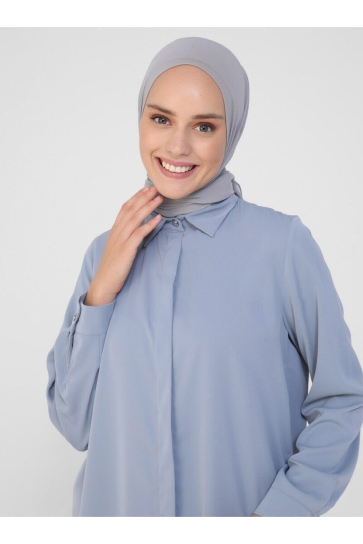 Refka Ipek Tuşeli Arkası Uzun Tunik - Gri Mavi - Woman