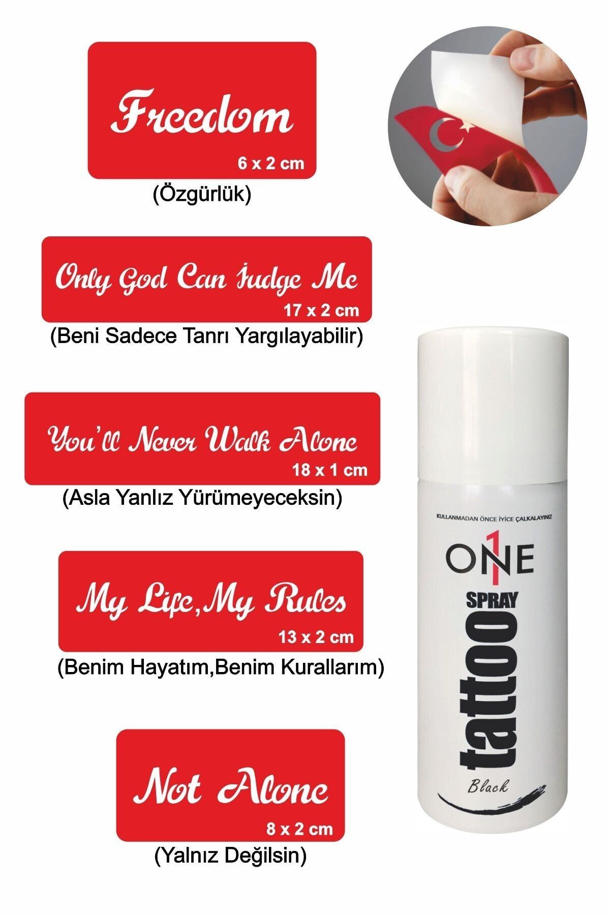 ONE SPRAY TATTOO Benim Kurallarım Slogan Geçici Dövme Seti Siyah Sprey Ve 5 Desen