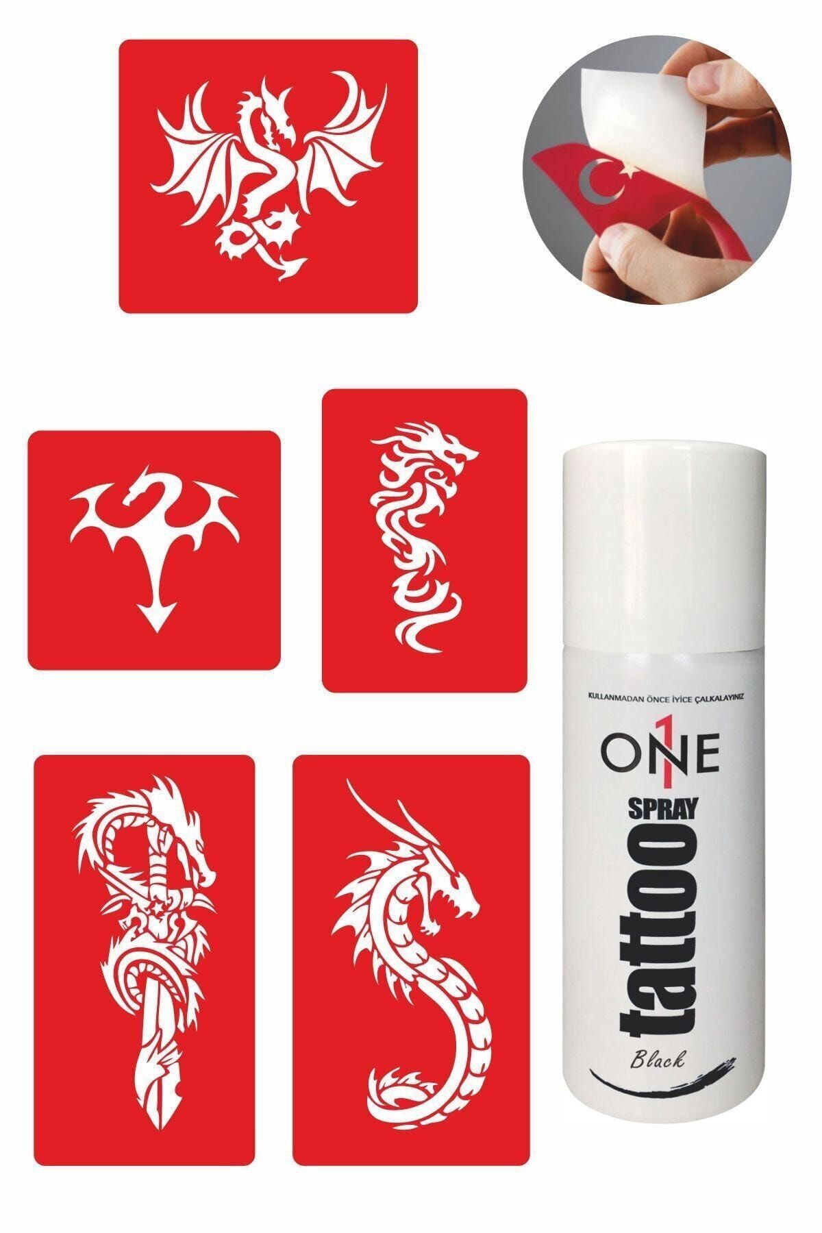 ONE SPRAY TATTOO Ejderha Dövme Seti Siyah Sprey ve 5 Desen 7702615