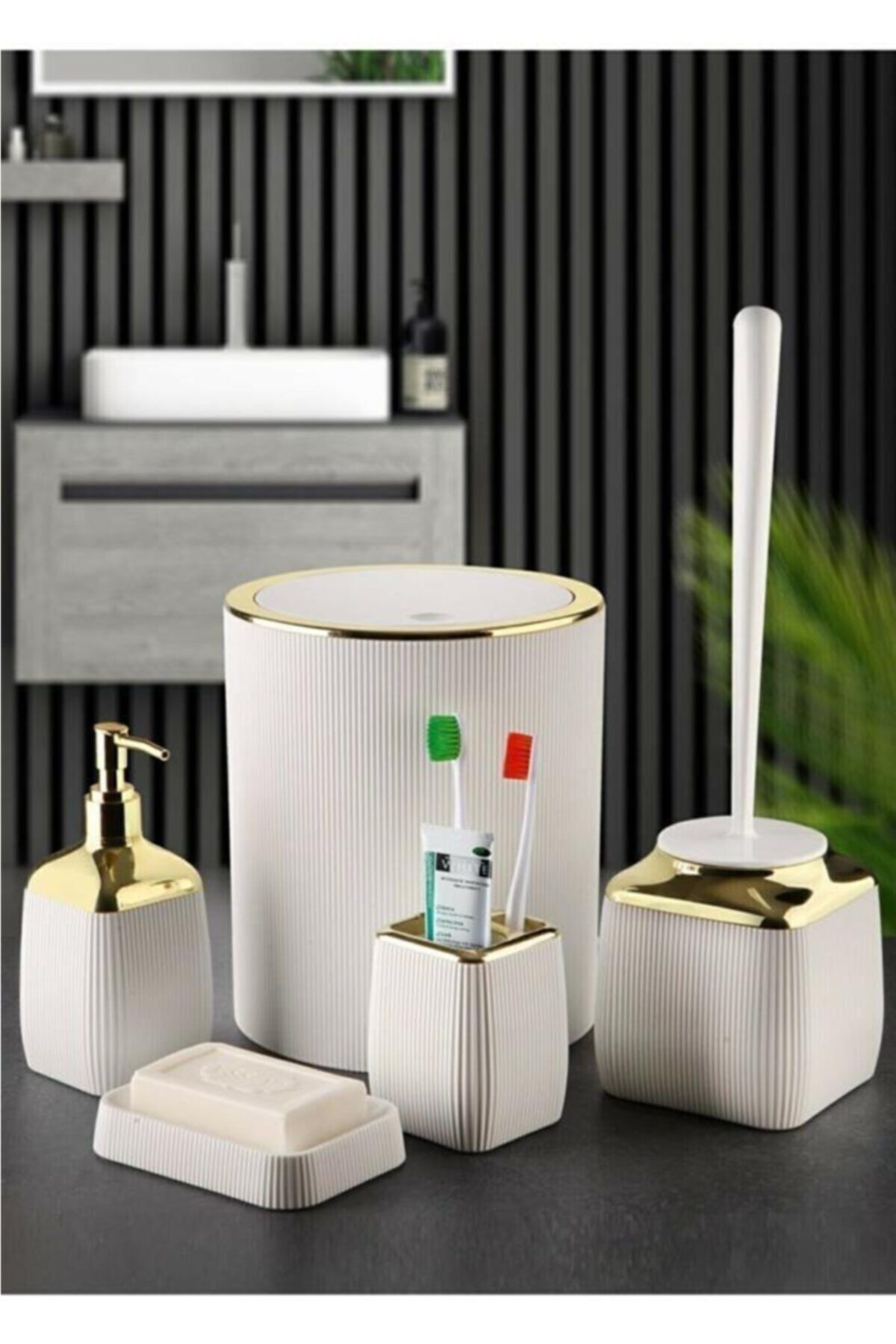 evvehediyelikesya 5'li Akrilik Krem Bakır Şerit Kaplı Banyo Takımı Banyo Seti