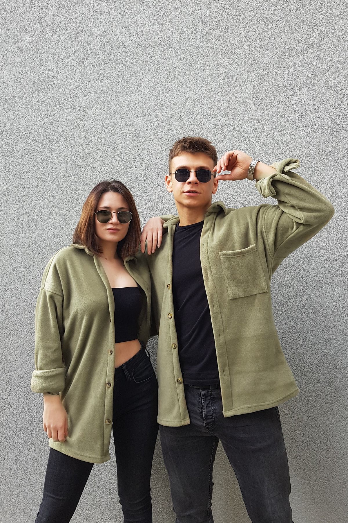 PUMP BUTİK Unisex Koyu Yeşil Oversize Tek Cepli Polar Oduncu Gömlek