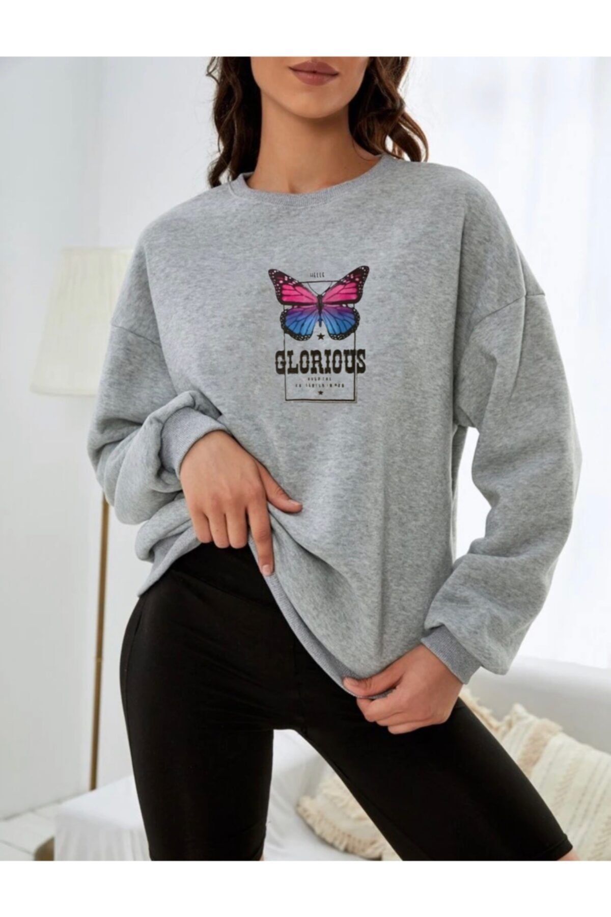 AFROGİYİM Kadın Oversize Gri Glorious Kelebek Baskılı Sweatshirt