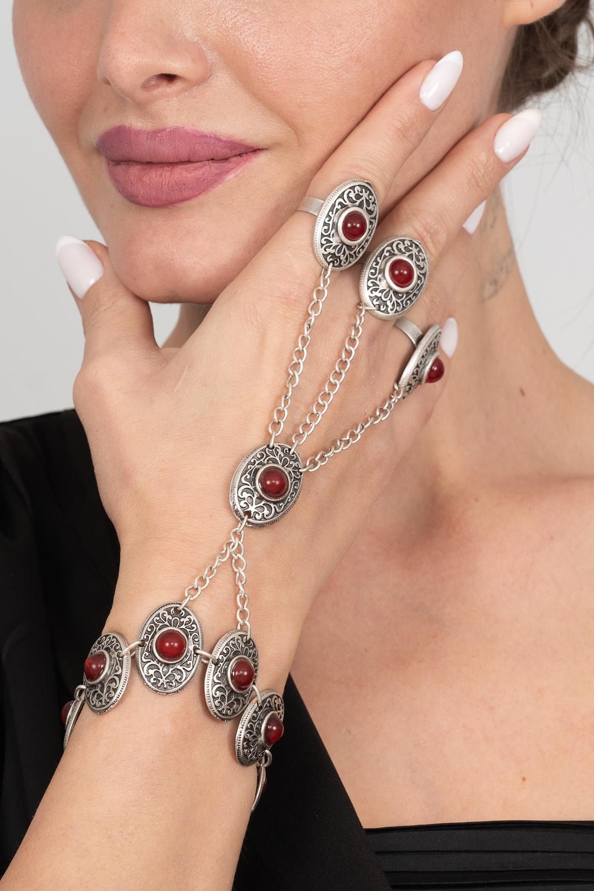 ZeyDor Accessories Bordo Taşlı Üç Yüzük Şahmeran