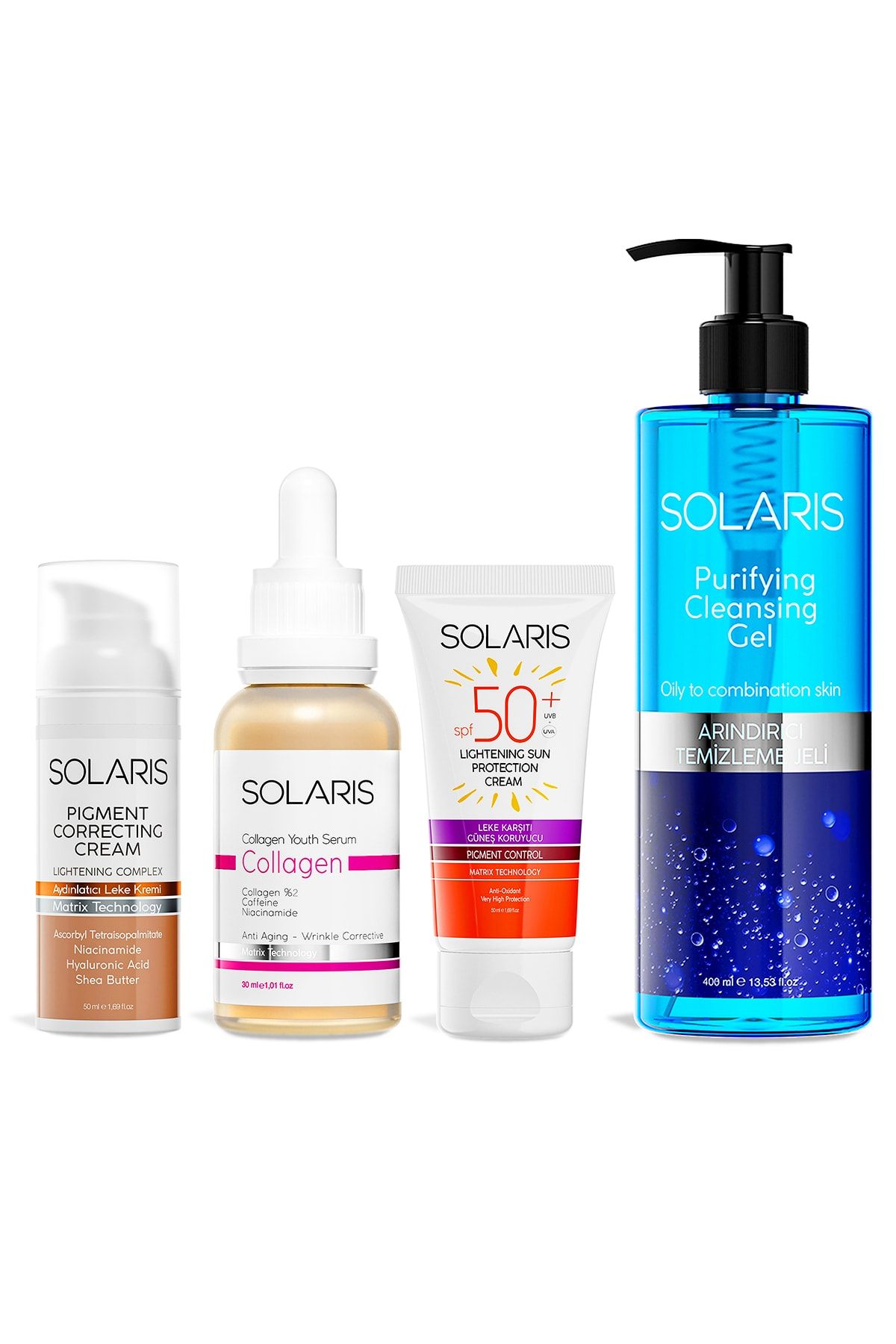 SOLARIS Aydınlatıcı Leke Kremi Ve Collagen Serum Ve Leke Karşıtı Güneş Krem Ve Yüz Temizleme Jeli