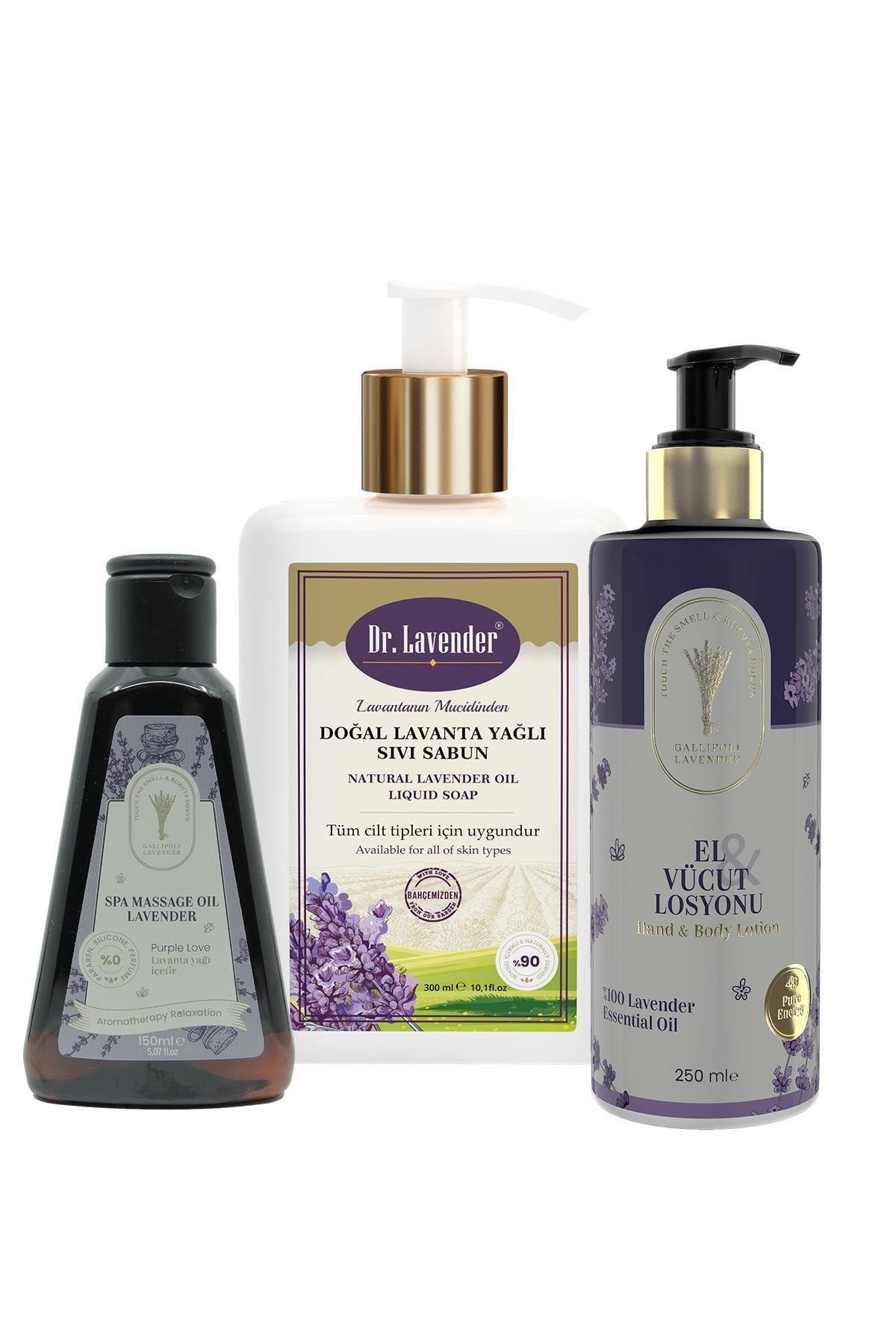 Dr. Lavender 150 ml Ağrı Giderici Masaj Yağı 300 Gr. Bitkisel Sıvı Sabun 250 ml Lavanta El Vücut Losyonu