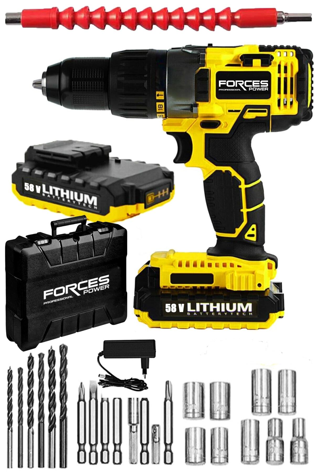 forces power Germany X-line 58 V 8 Ah Darbeli Bakır Sargı Metal Şanzıman Full Setli Çift Akülü Matkap