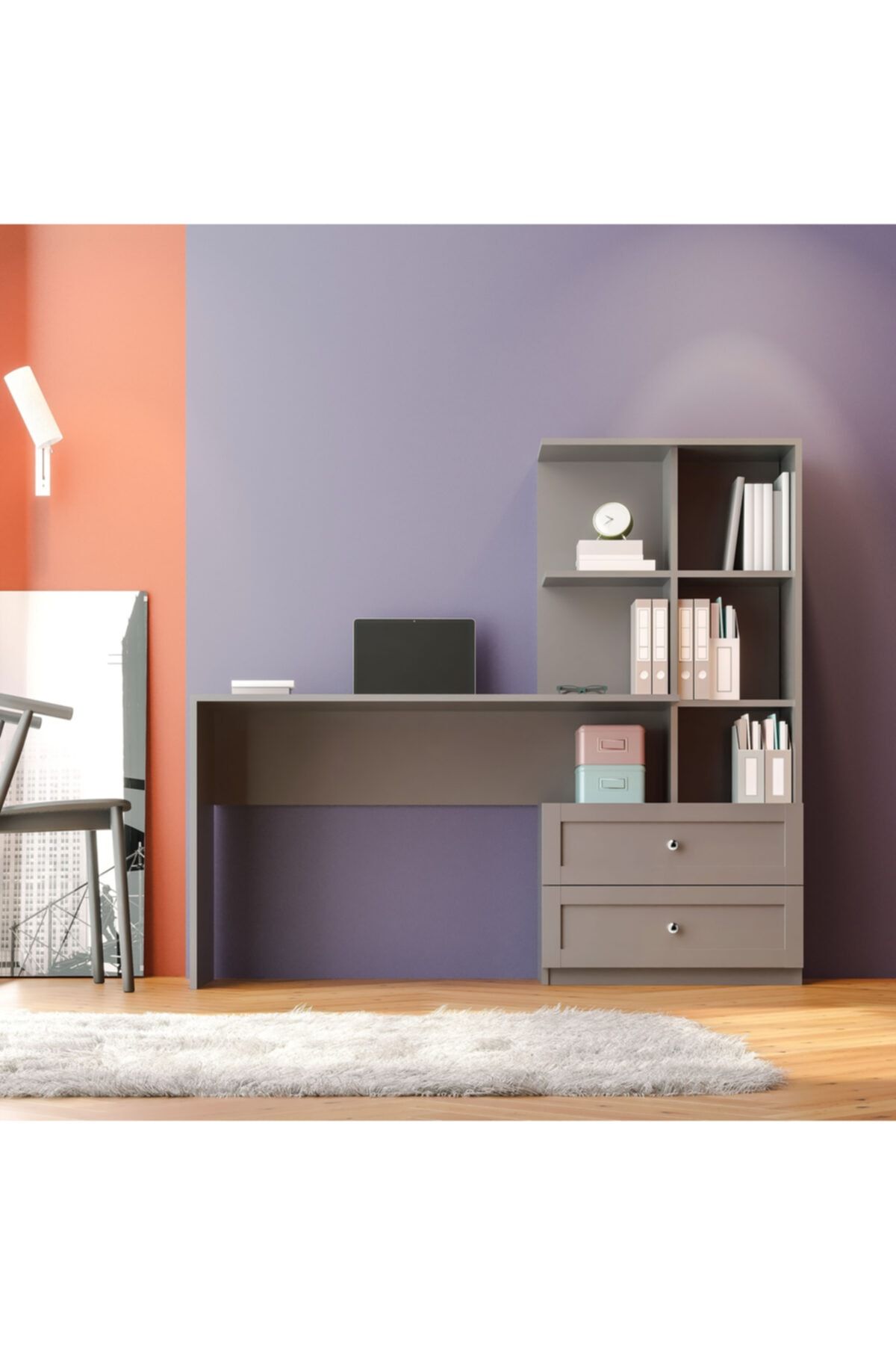 Zenio Side Çalışma Masası Kitaplıklı Çekmeceli - Antrasit