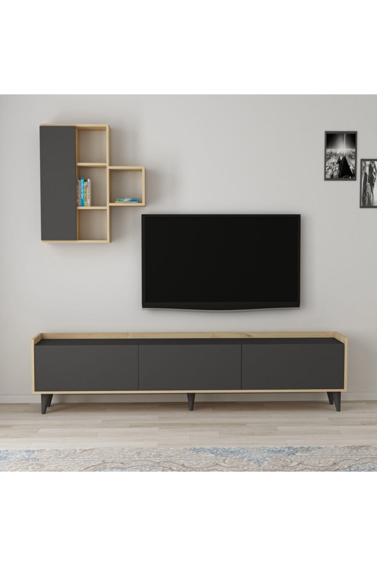ARNETTİ Etna Tv Sehpası Antrasit-safirmeşe 47x184x31,3 Dolap Ve Raflı 3 Bölüm Kolay Kurulum Dayanıklı