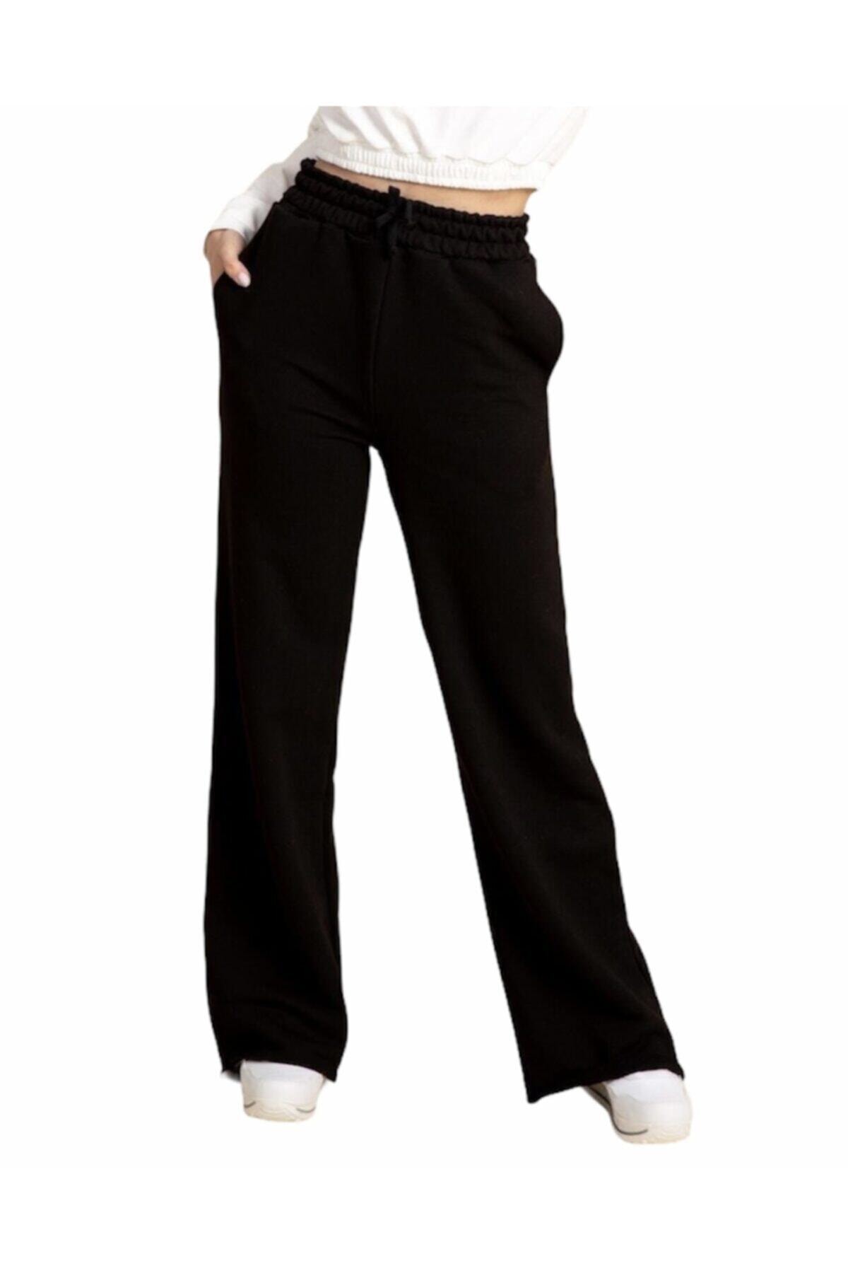 CLUB PASTEL Kadın Bol Paça Siyah Paça Pis Dikiş Örme Eşofman Altı