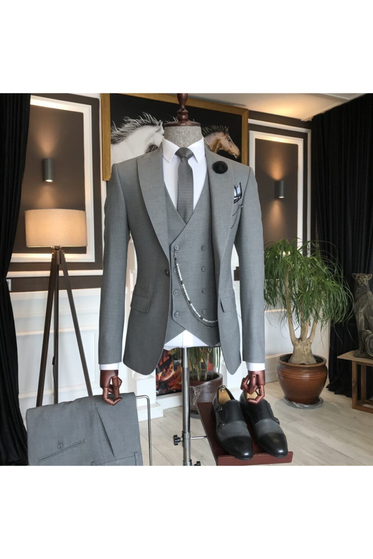 TerziAdemAltun Italyan Stil Slim Fit Erkek Ceket Yelek Pantolon Takım Elbise Gri T5899