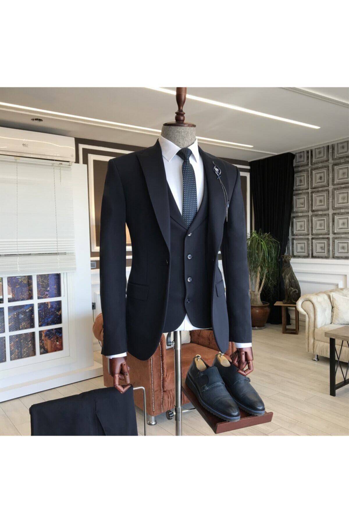 TerziAdemAltun Italyan Stil Slim Ceket Yelek Pantolon Takım Elbise Koyu Lacivert T6123