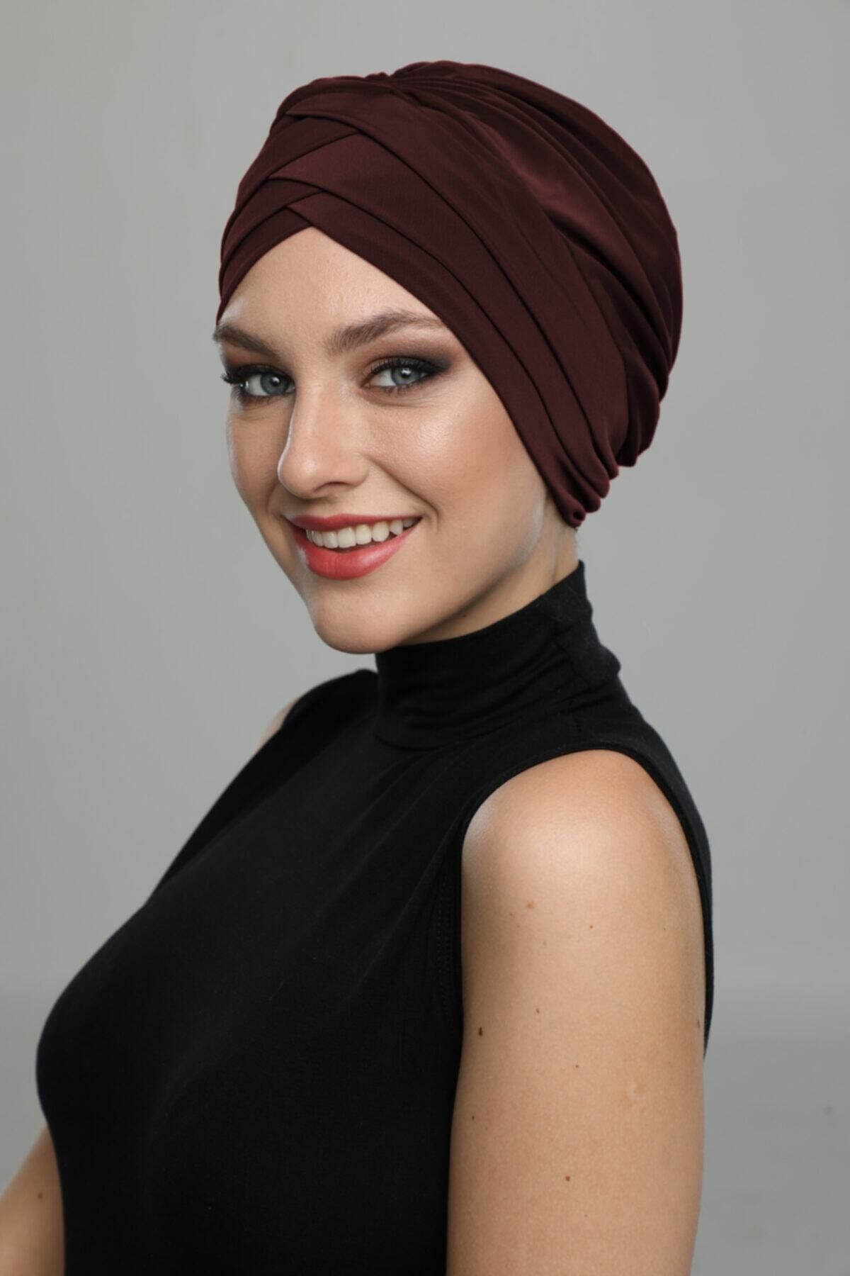 fidan bone Üç Bantlı Kahve Hazır Türban Tesettür Havuz Bonesi