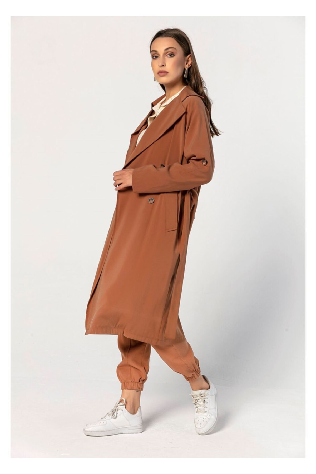 TIFFANY&TOMATO Belden Bağcıklı, Oversize Uzun Trençkot-tarçın