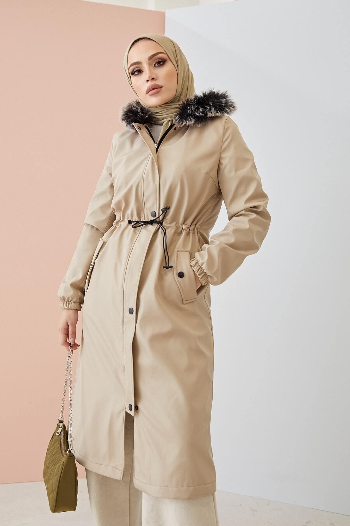 festmoda Kadın Bej Kürklü Içi Polar Kaban