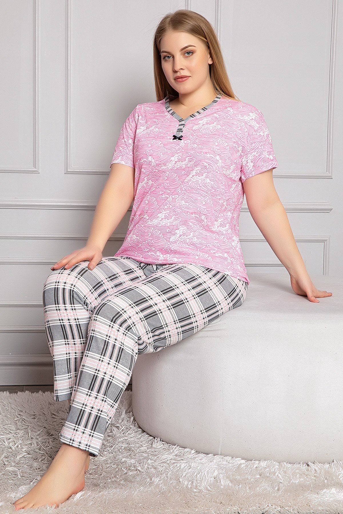 Afilva Kadın Pembe Büyük Beden Kısa Kol Pijama Takımı