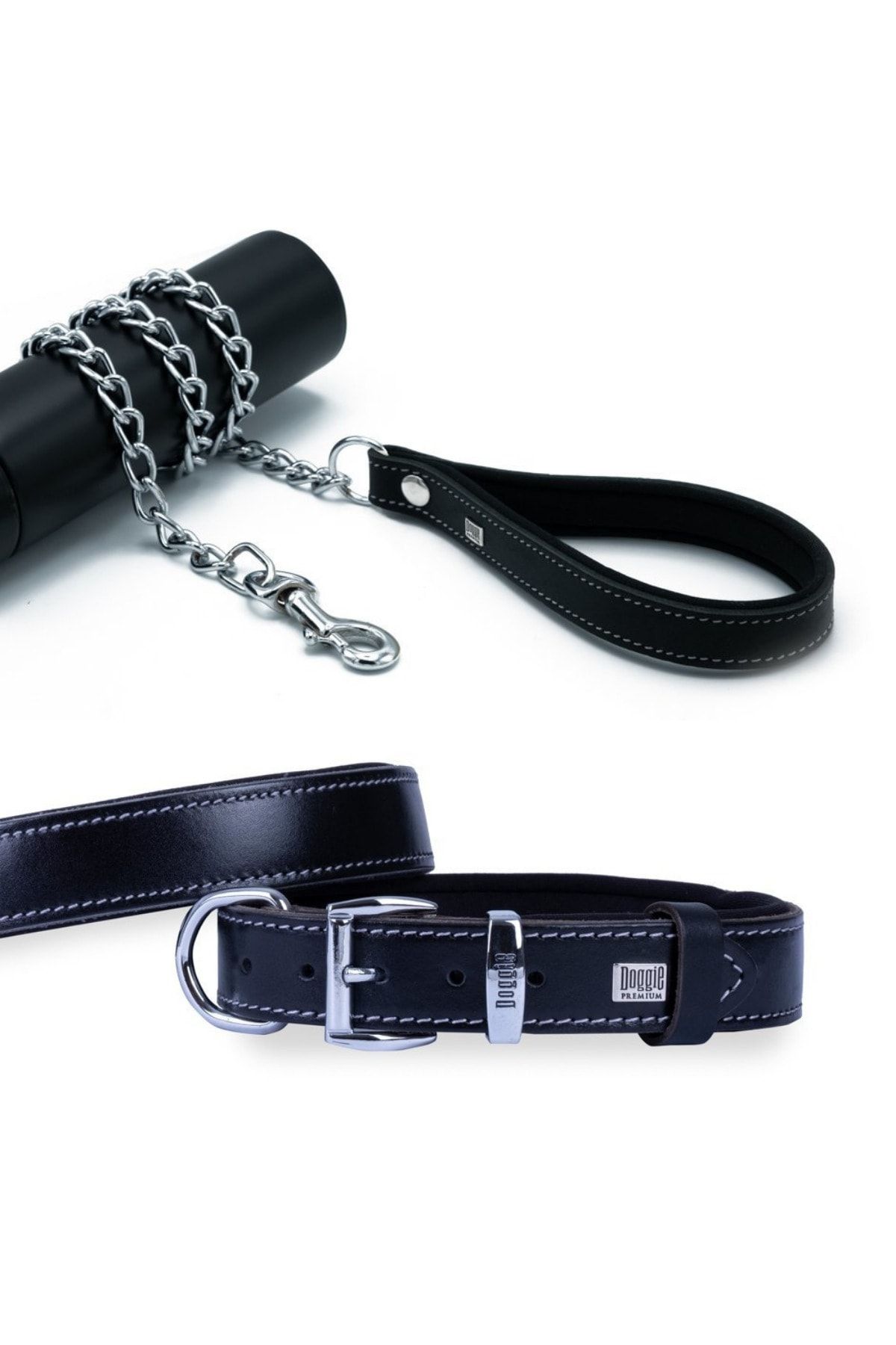 Doggie Orta Irk Deri Köpek Boyun Ve Zincirli Gezdirme Tasma Seti Siyah 37-45 Cm / 110 Cm