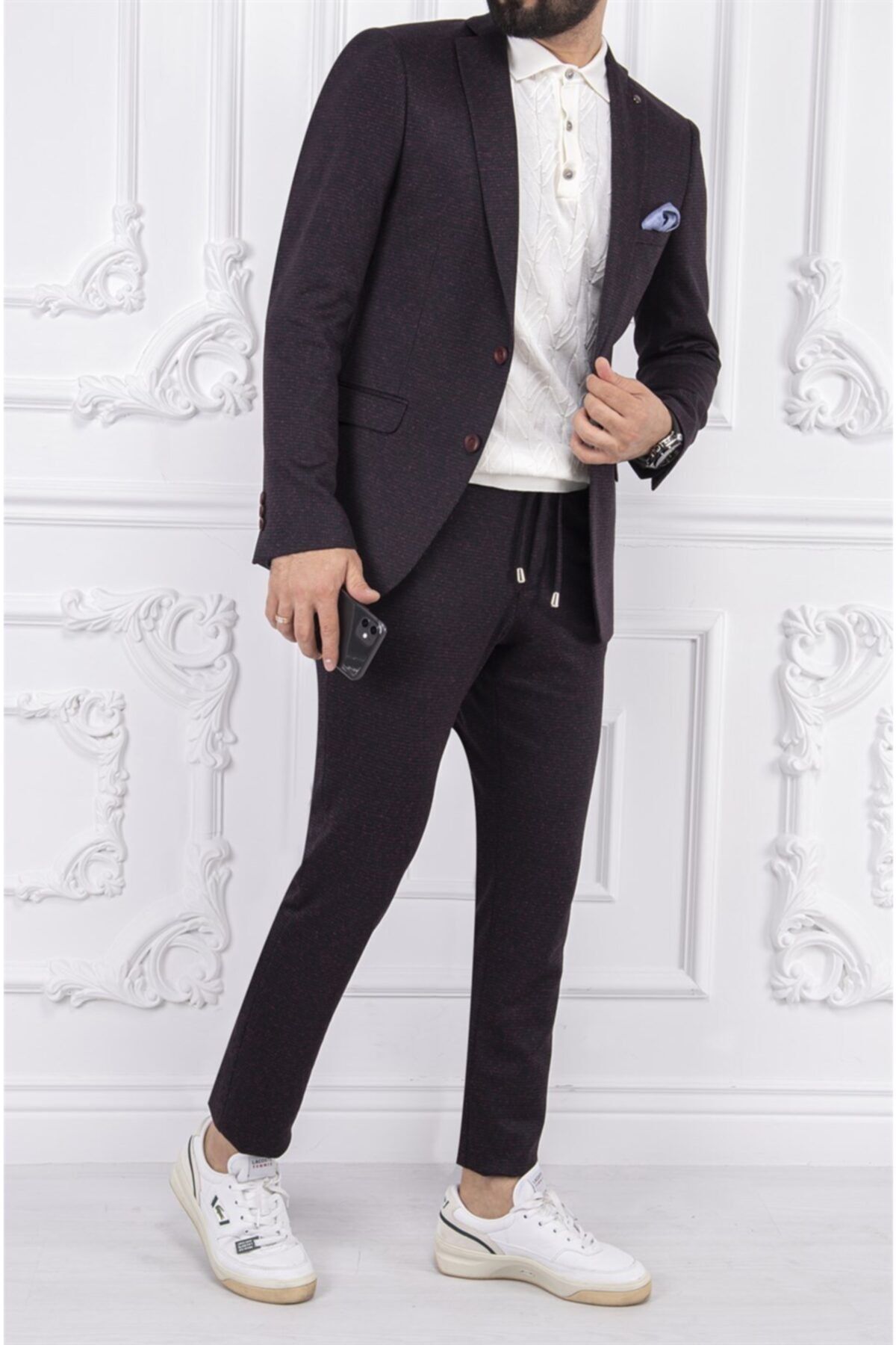 PACO ROMANO Erkek Slim Fit Mono Yaka Yarım Astar Bordo Takım Elbise