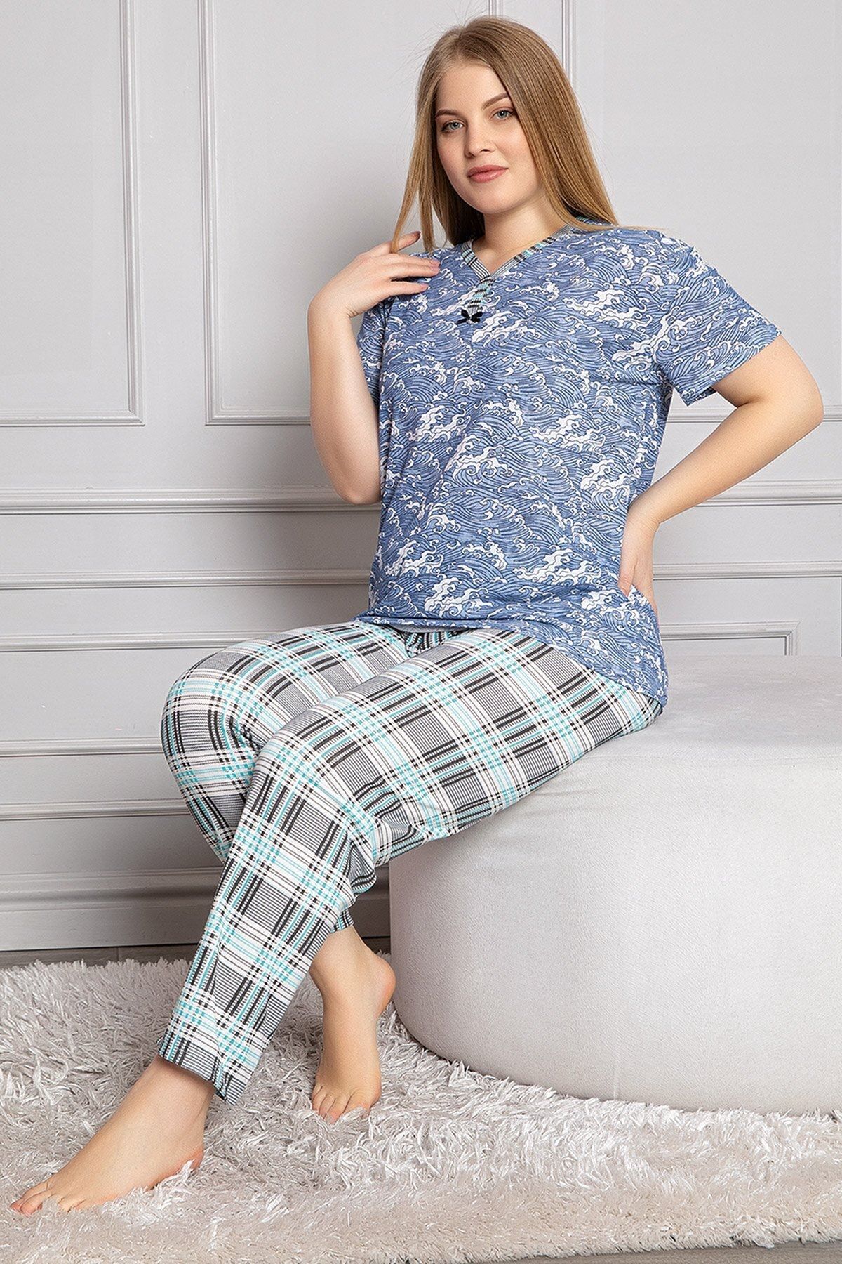 Afilva Kadın Mavi Büyük Beden Kısa Kol Pijama Takımı