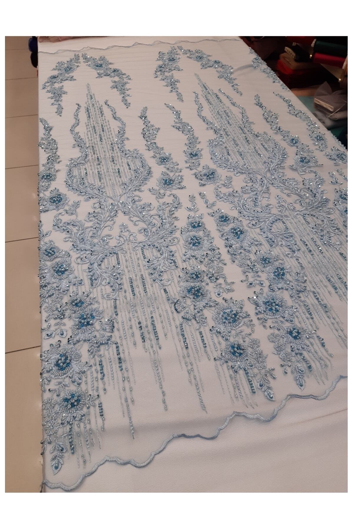Safir Kumaş Yoğun Işlemeli Turkuaz Işlemeli Dantel