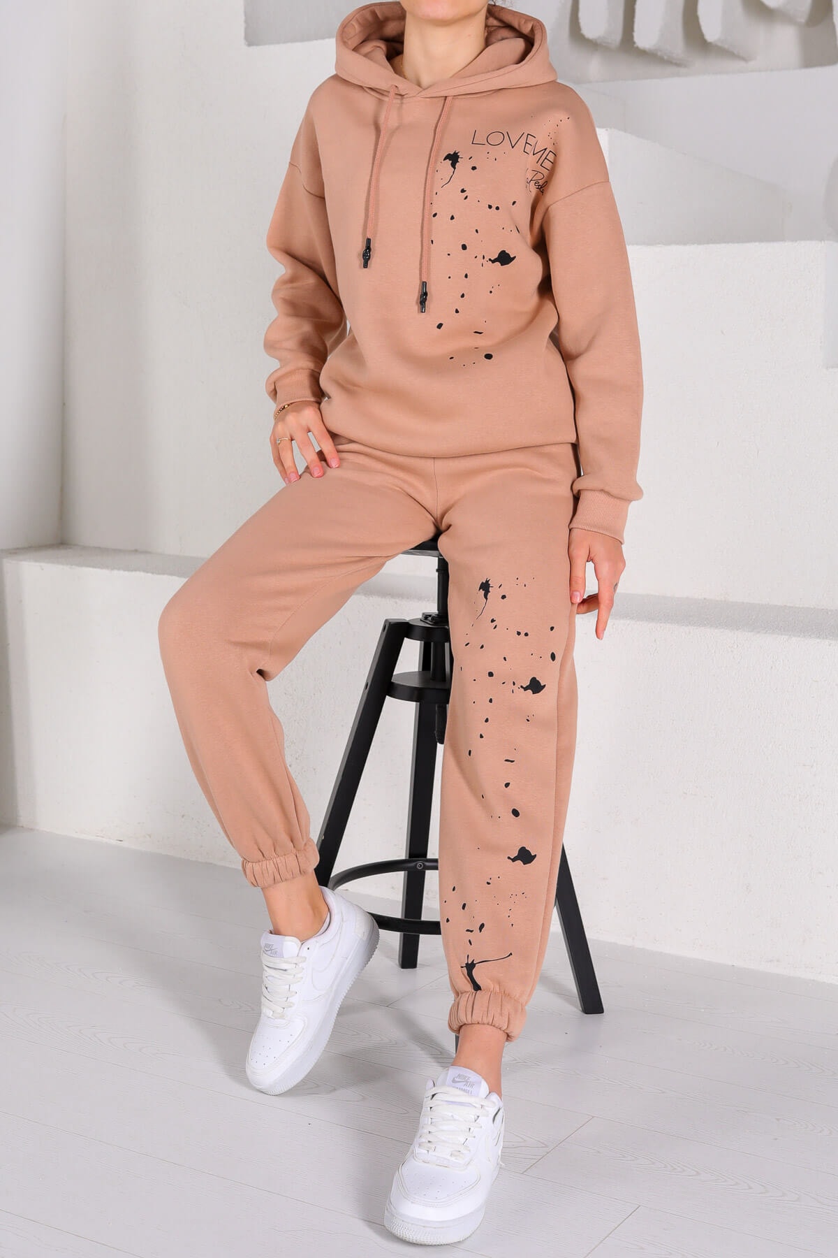 Cappmoda Tkm-03227 Vizon Love Baskılı Kapüşonlu Jogger Ikili Takım