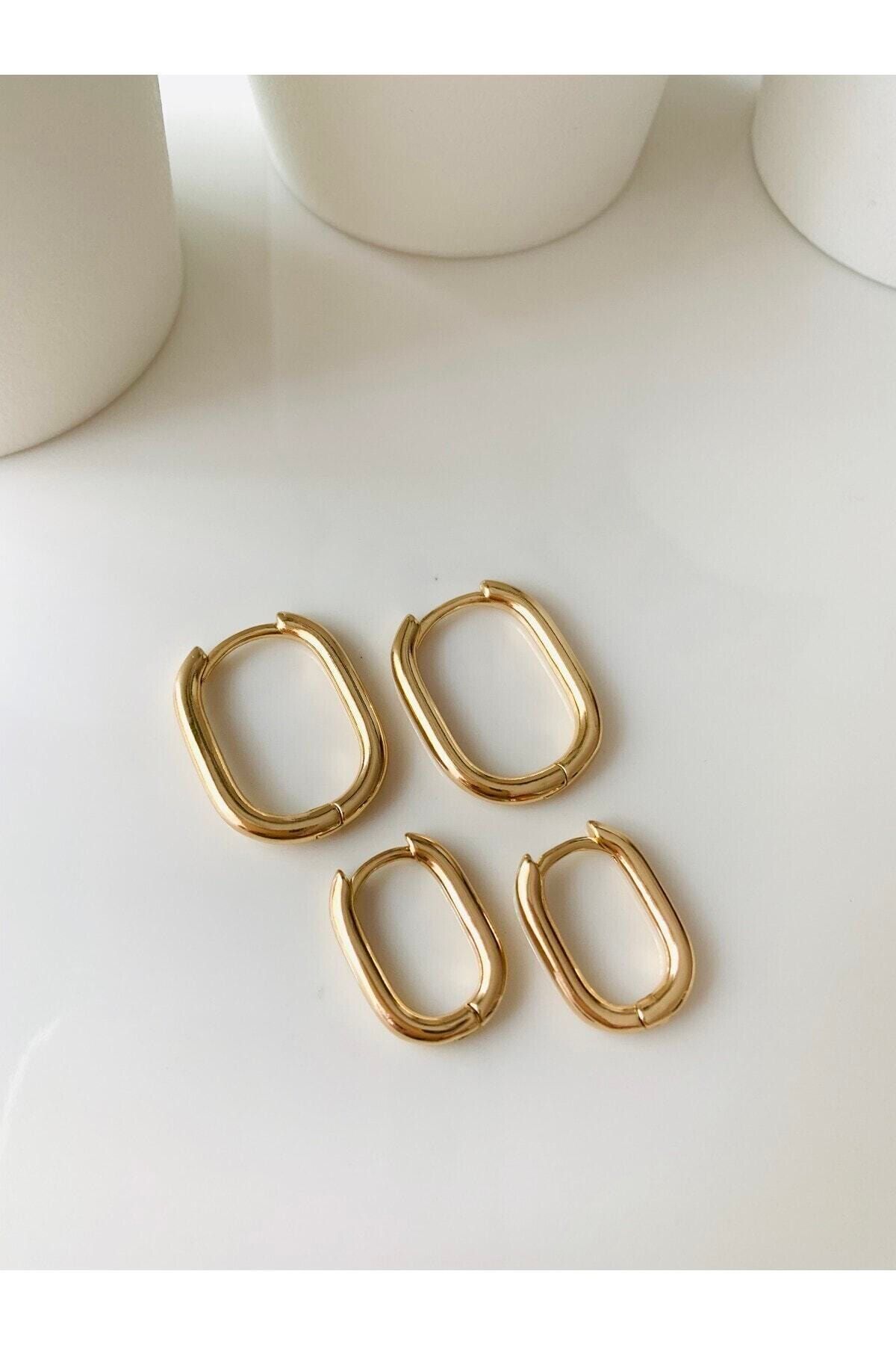 LİLY TAKI VE AKSESUAR ÜRÜNLERİ 2li Set Oval Model Gold Renk Bayan Çelik Küpe