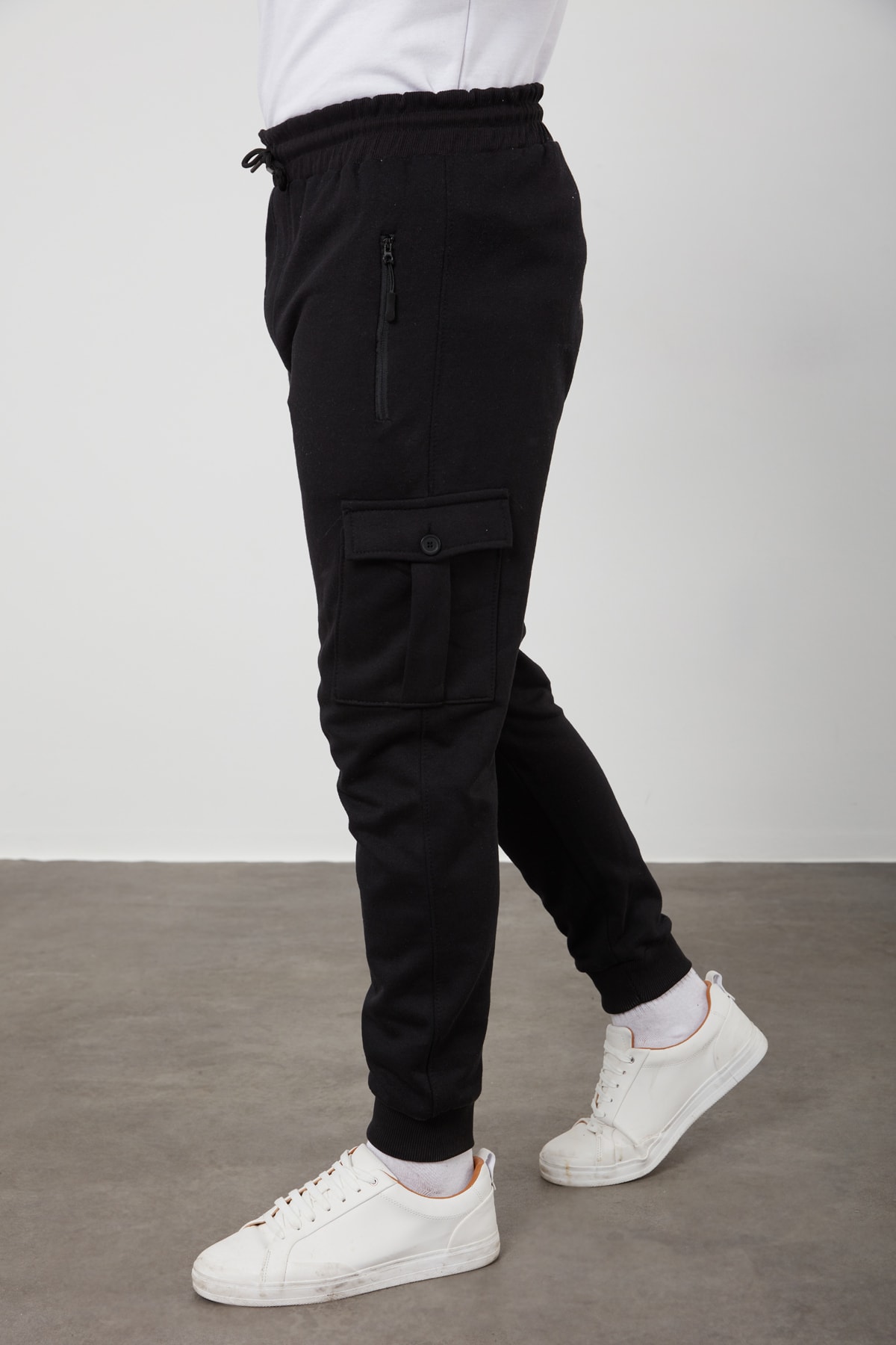 TENA MODA Erkek Siyah Kargo Fermuarlı Cep Bel Ve Paça Kaşkorseli Eşofman Altı