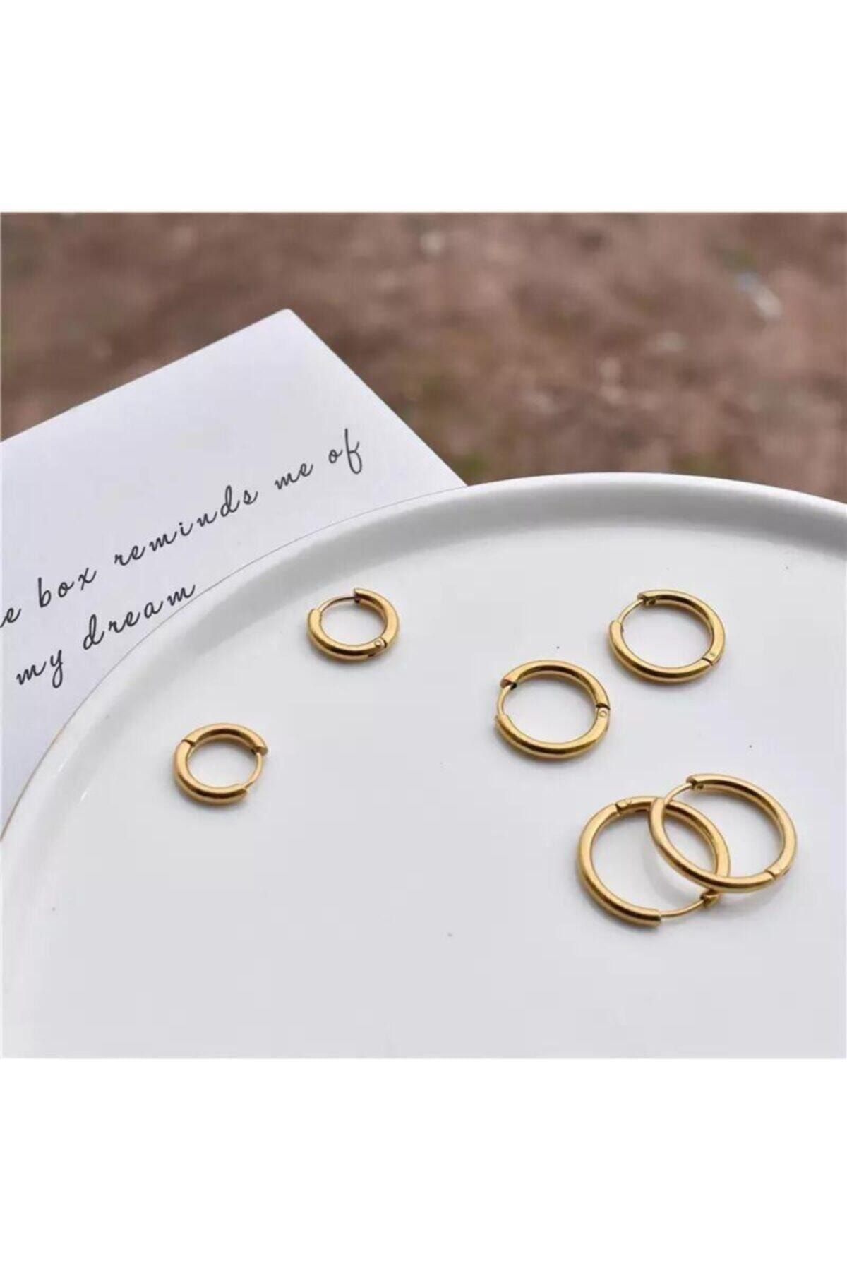 Jaida Moda Kadın Gold Cerrahi Çelik 3 Çift Set Halka Küpe