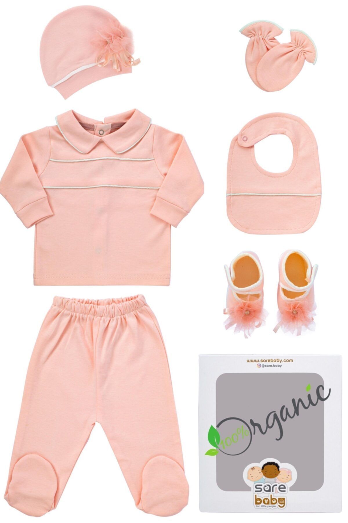Sarebaby Lotus Serisi Patik Hediyeli Somon Rengi Organik Hastane Çıkışı 5'li Set
