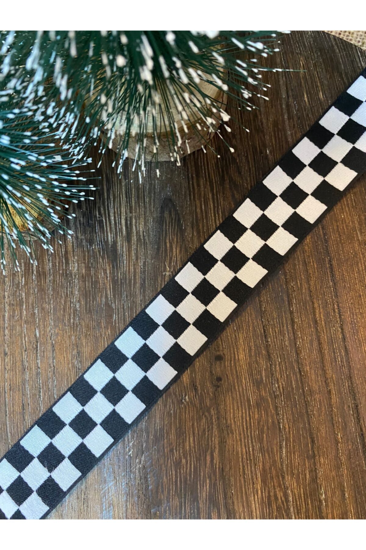 Motif Aksesuar 2 Metre Kurdele Siyah-beyaz Damalı Kareli Yılbaşı Tema Kurdele