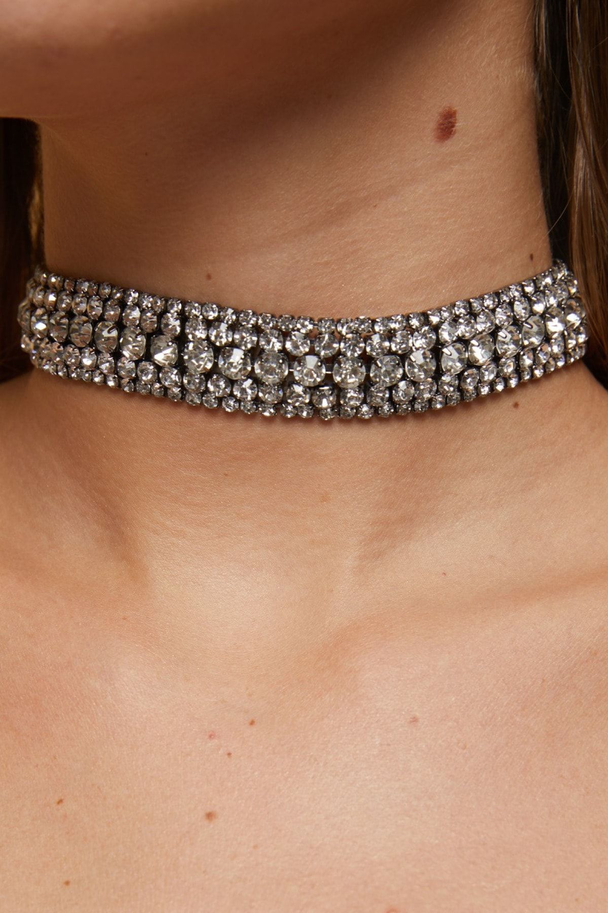 Afrodit Gunbaz Kadın Taşlı Choker Kolye 5 Sıra Siyah