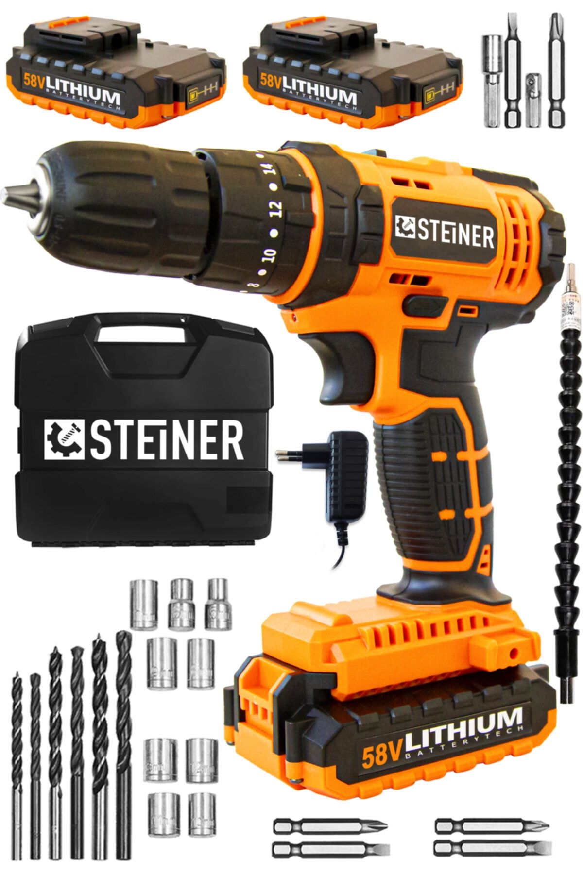 STEİNER Germany Technology Darbeli 58 V 5 Ah Metal Şanzıman Çift Akü Şarjlı Vidalama Matkap 24 Parça