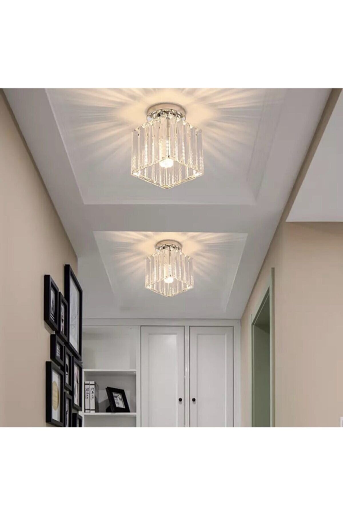 Luna Lighting Modern Luxury Plafonyer Tavan Avize Hol Antre Krom Kare Kristal Taşlı Avize