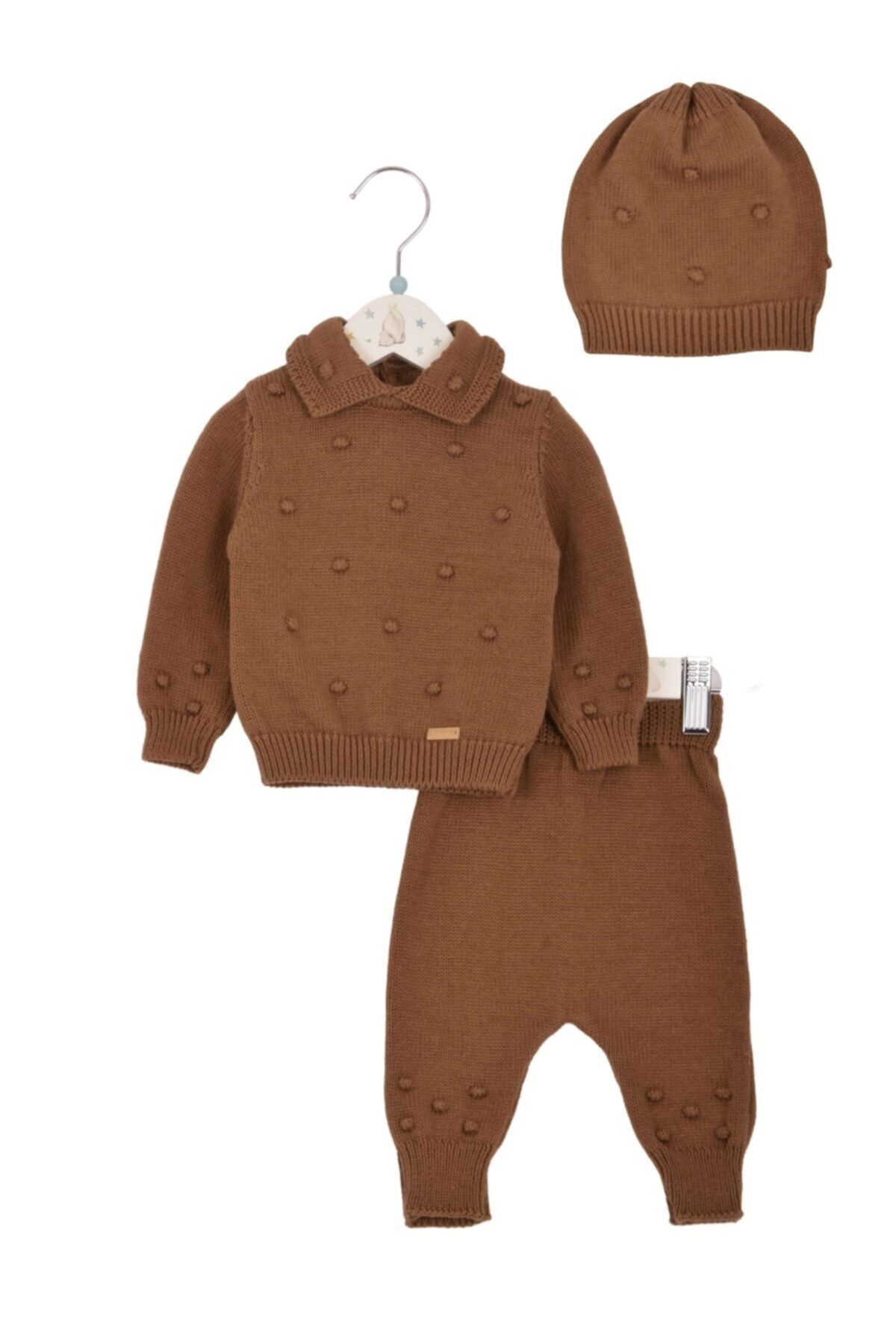 Minora Unisex Bebek Gömlek Yaka Ponponlu 3'lü Takım Kahverengi