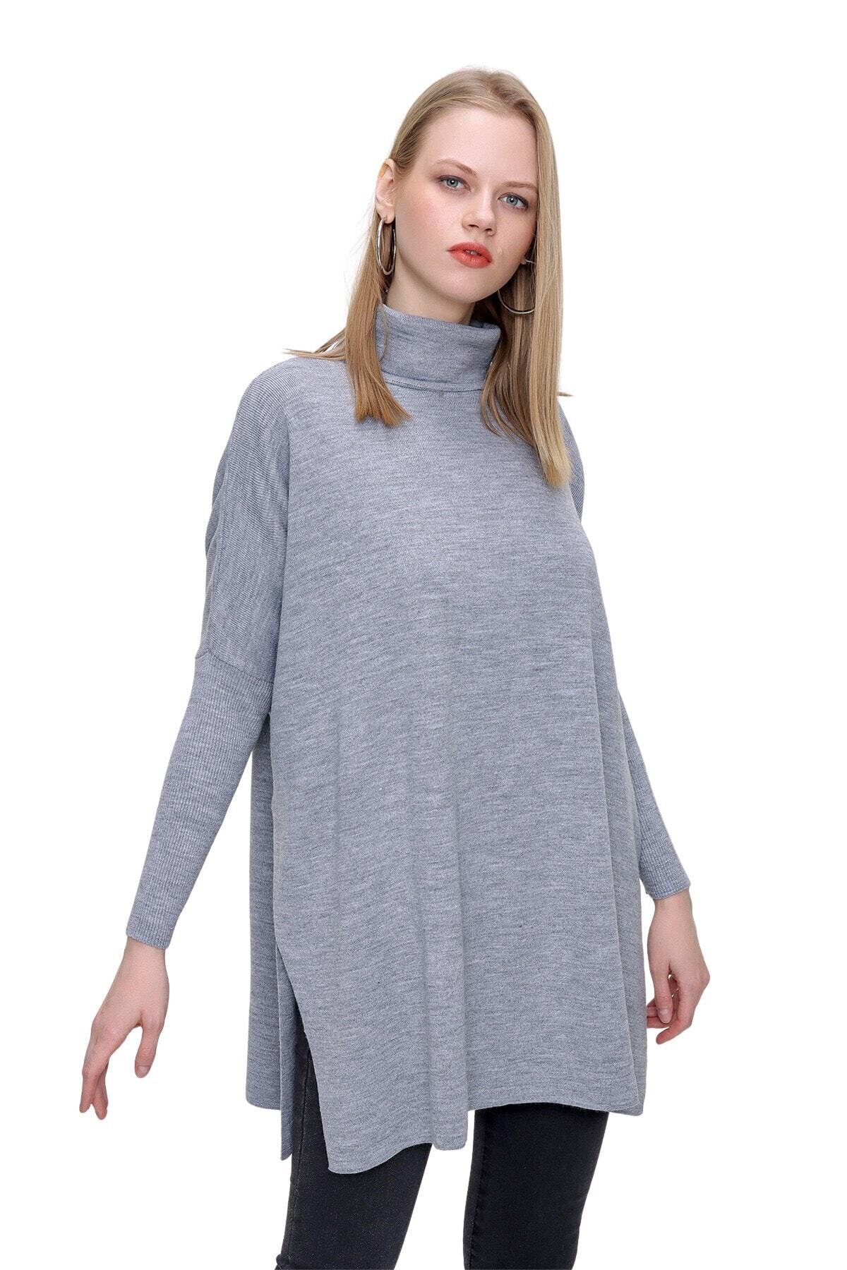 butikburuç Kadın Gri Balıkçı Yaka Triko Panço