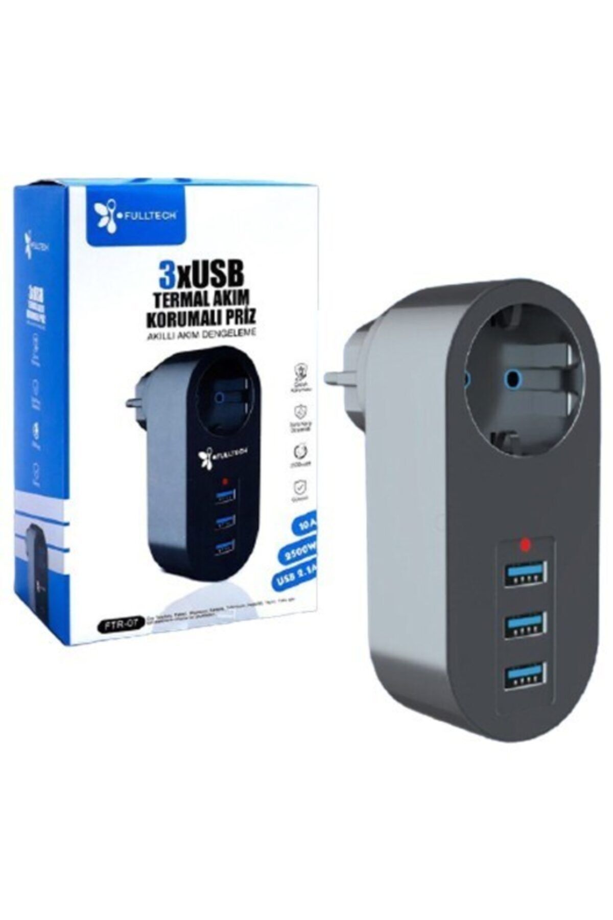 Fulltech Termal Akım Korumalı Tekli Priz Akıllı Akım Dengeleme 3 Usb Isıya Karşı Dayanıklı 2500w