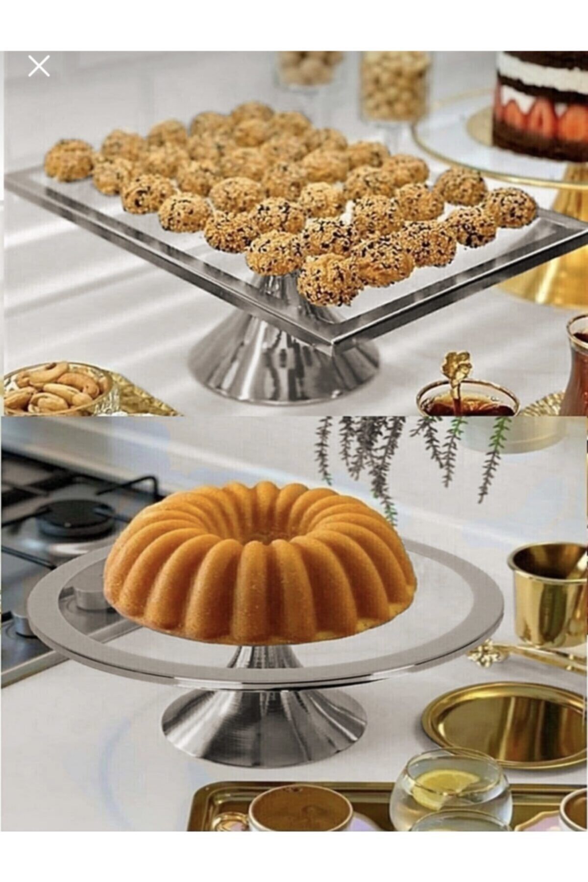 Sillage Home 2 Parça Lüx Dikdörtgen Ve Yuvarlak Ayaklı Kek Ve Pasta Standı