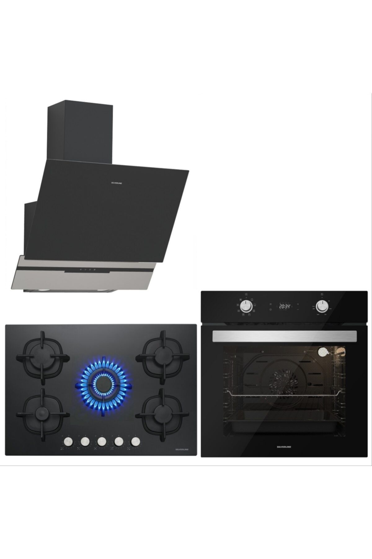 Silverline Siyah Cam Ankastre Set Bo6504b01-cs5426b01-3450 Slimline 60 Cm