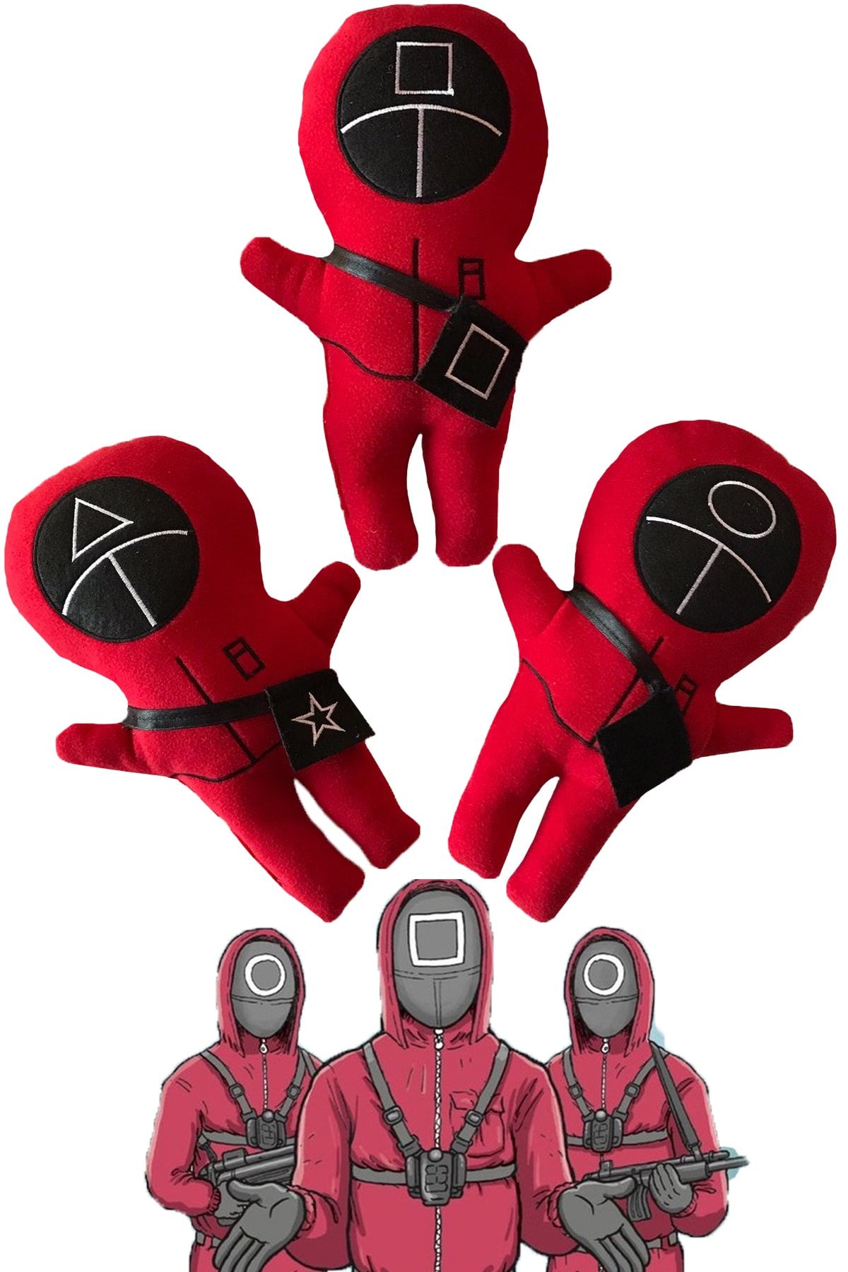 Mobee Squid Game Kalamar Oyunu Elyaf Yuvarlak Kare Üçgen Asker Peluş Bebek Yastık 30 Cm 3 Lü Set