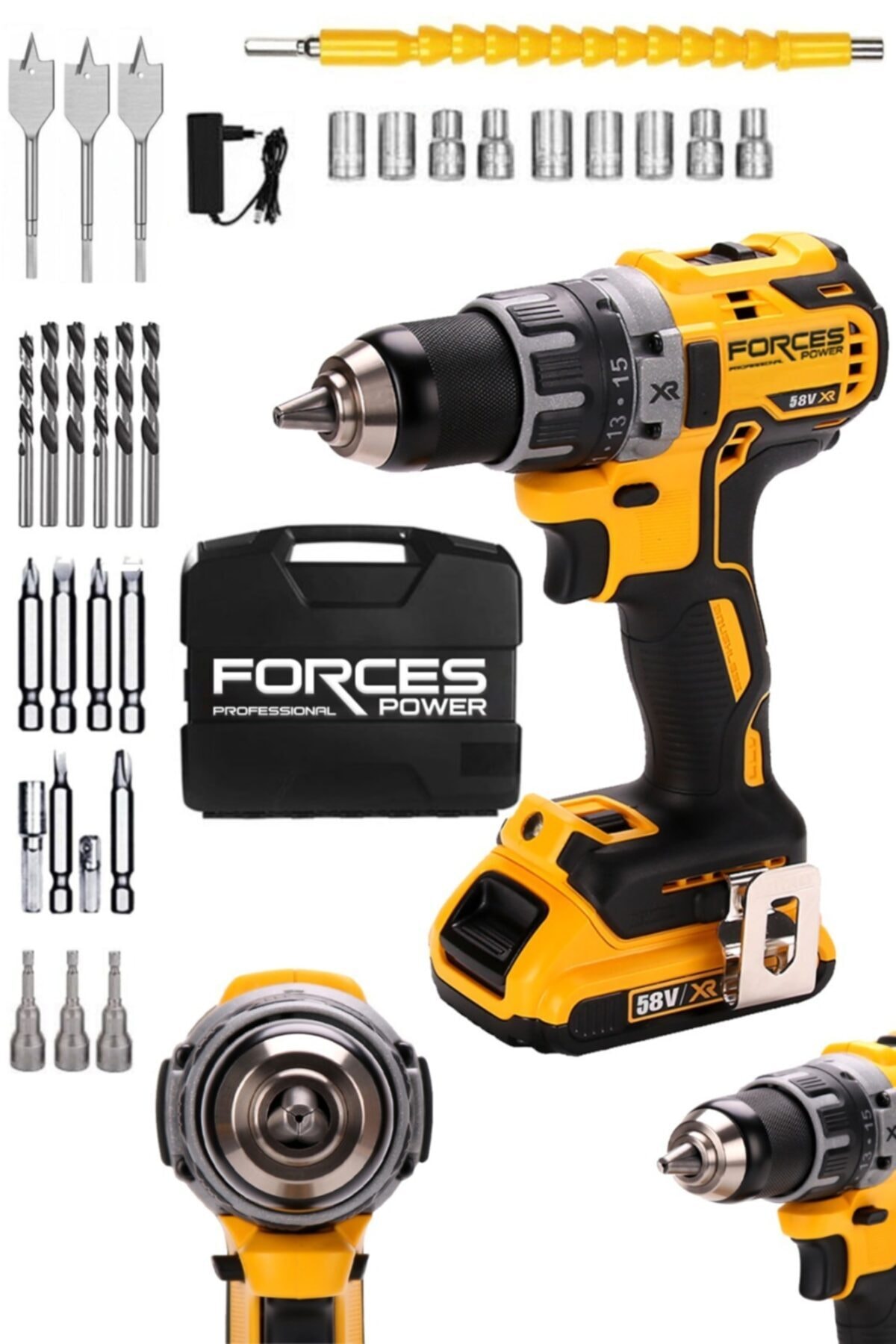 forces power Germany Yellow Bohrer 58 V 8 Ah Lityum Li-on Darbeli Çelik Şanzıman Çift Akülü Vidalama Matkap