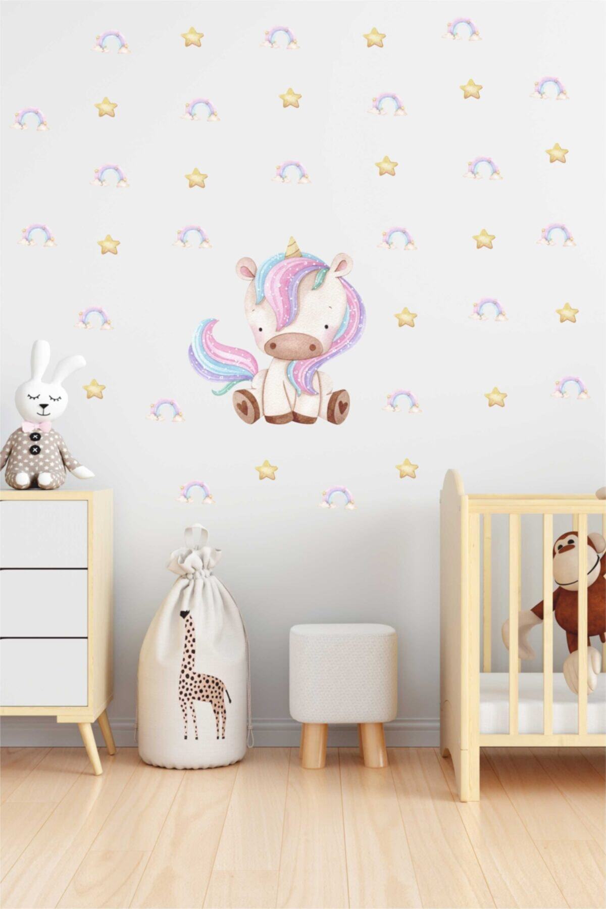 BK Decor Suluboya Görünümlü Sevimli Unicorn Ve Yıldızlar