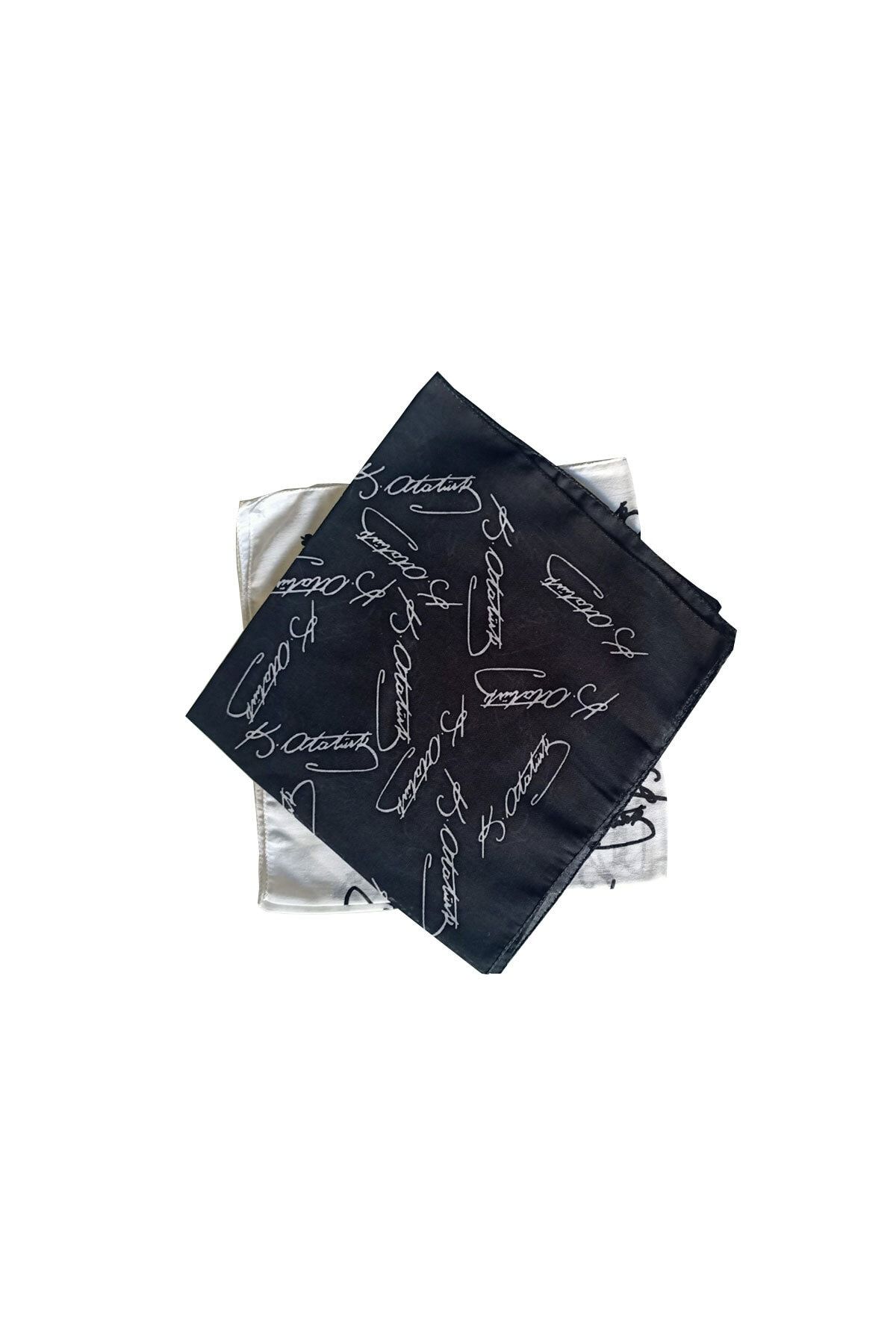 indirimsepeti Atatürk Imzalı Kare Bandana Fular 2'li Siyah Beyaz- %100 Cotton