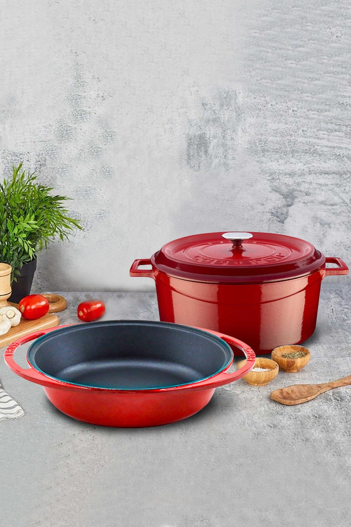 Lava Demir Döküm 32cm Derin 27cm Tajin 2li Tencere Seti Kırmızı