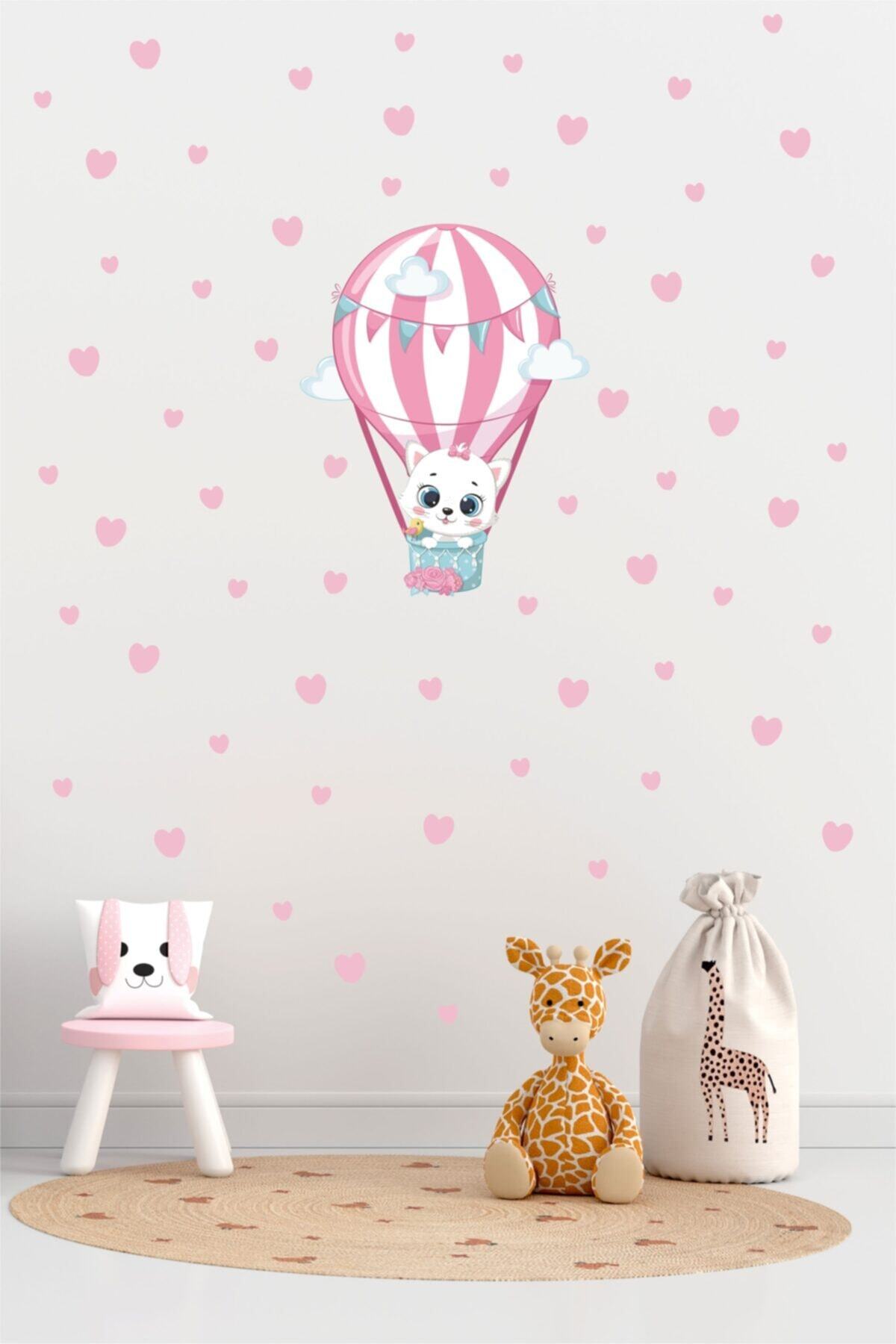 BK Decor Uçan Balondaki Sevimli Kedi Ve Kalpler Çocuk Odası Duvar Sticker