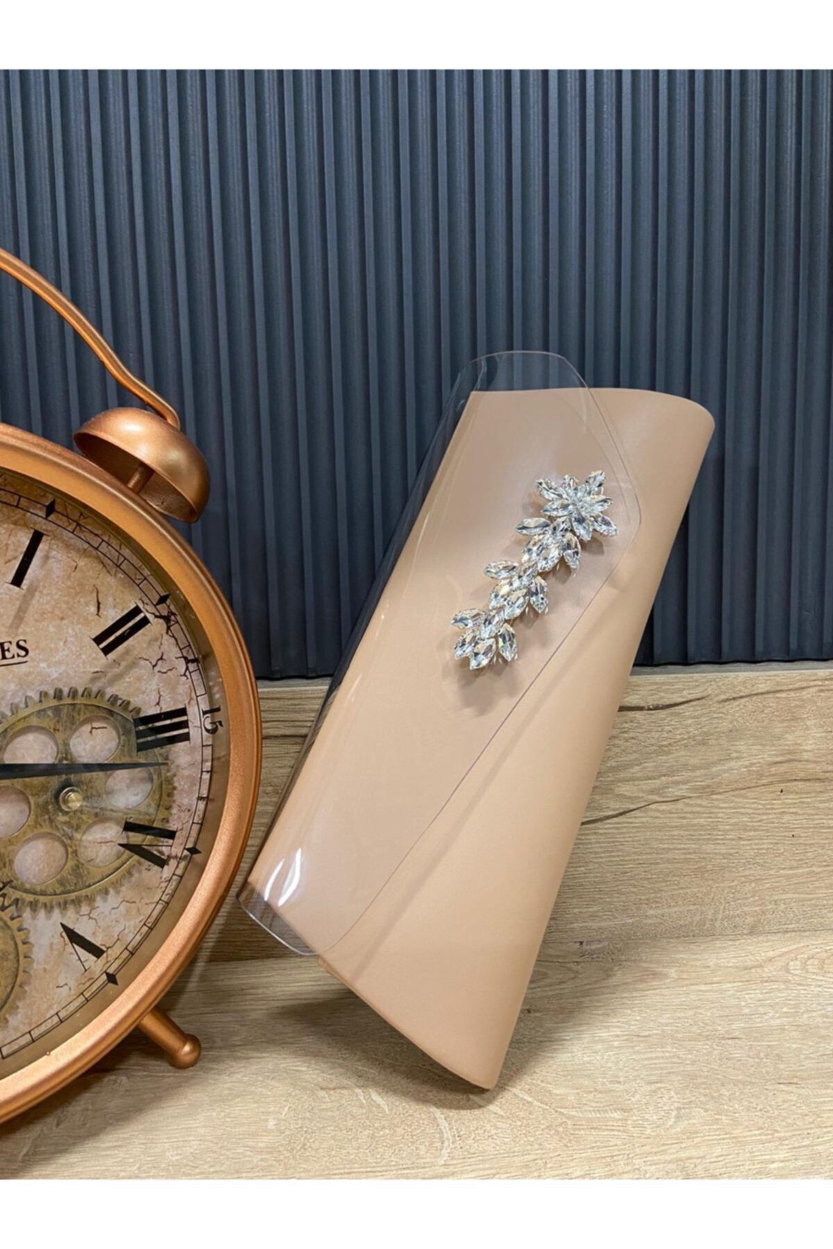 Satürn Boutique & Accessory Yaprak Desen Taşlı, Şeffaf Kapak Nud Deri Çanta
