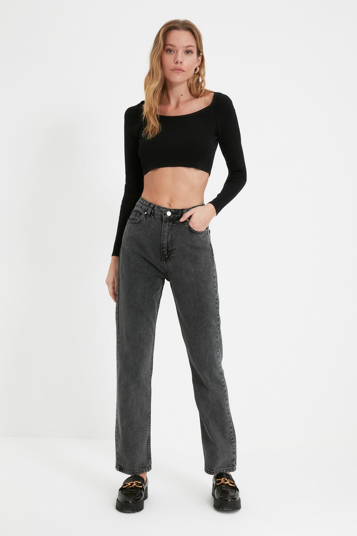 TRENDYOLMİLLA Antrasit Yüksek Bel Bootcut Jeans TWOAW22JE1507