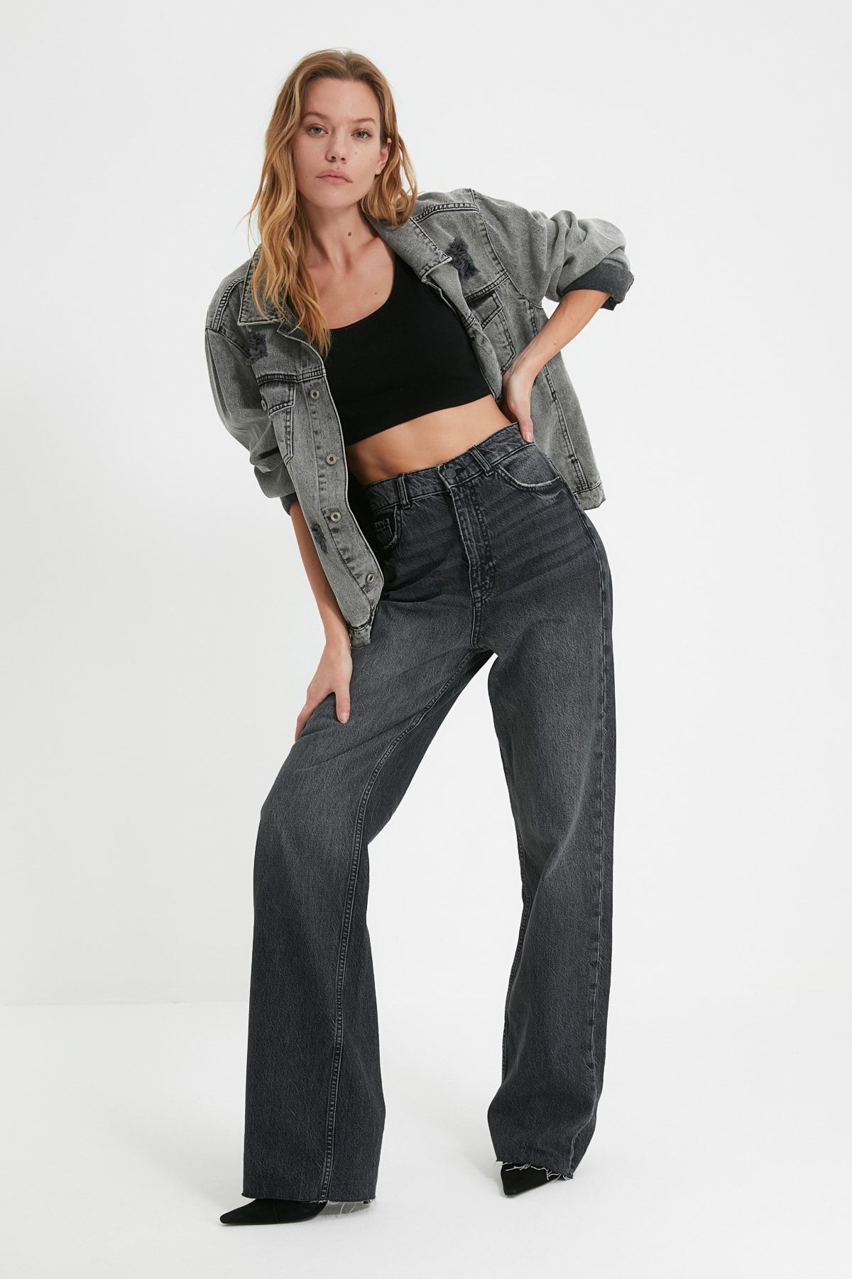 TRENDYOLMİLLA Antrasit Yüksek Bel Wide Leg Jeans TWOAW22JE1560