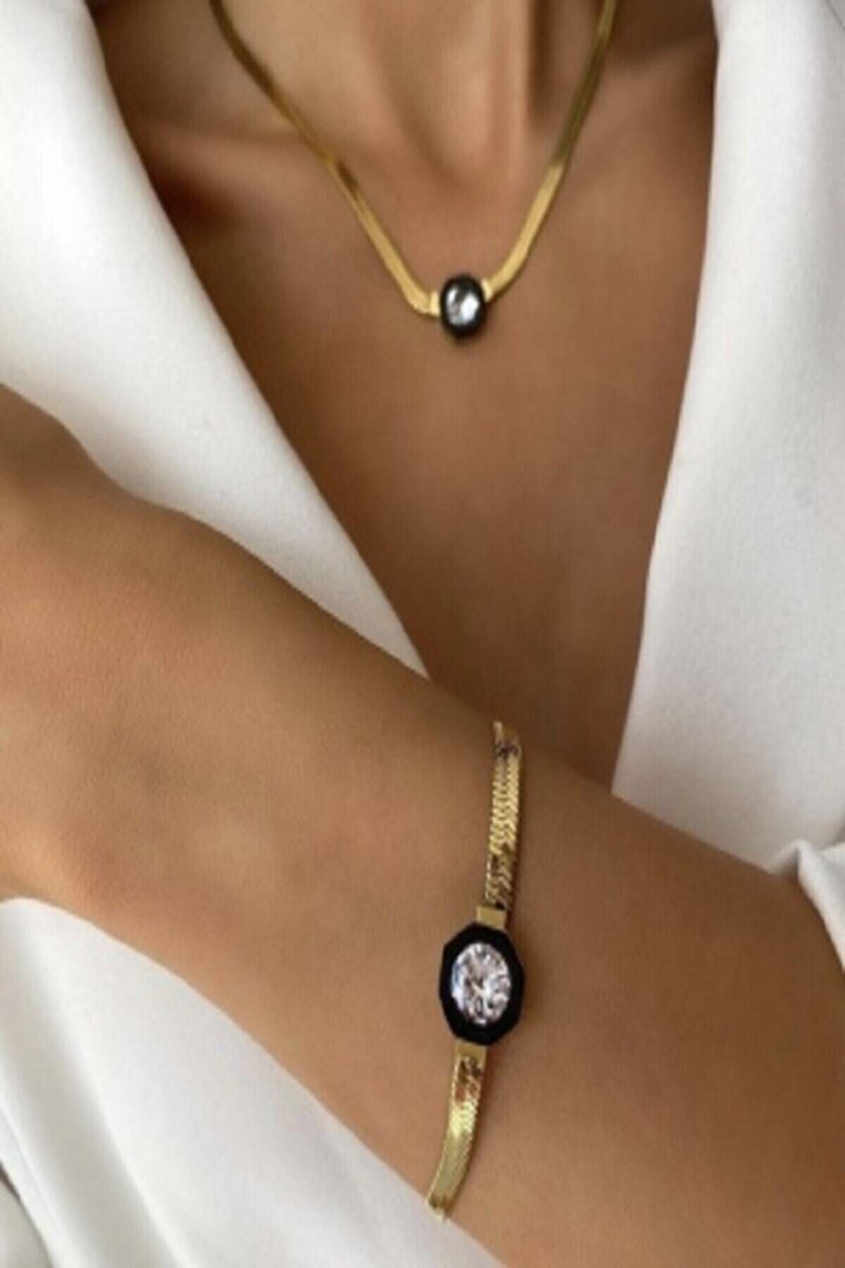 Alaçatı Accesories Çağla Şikel Kolye-bileklik Seti Çelik Üzeri Altın Kaplama Gold Italyan (kararmaz-paslanmaz)