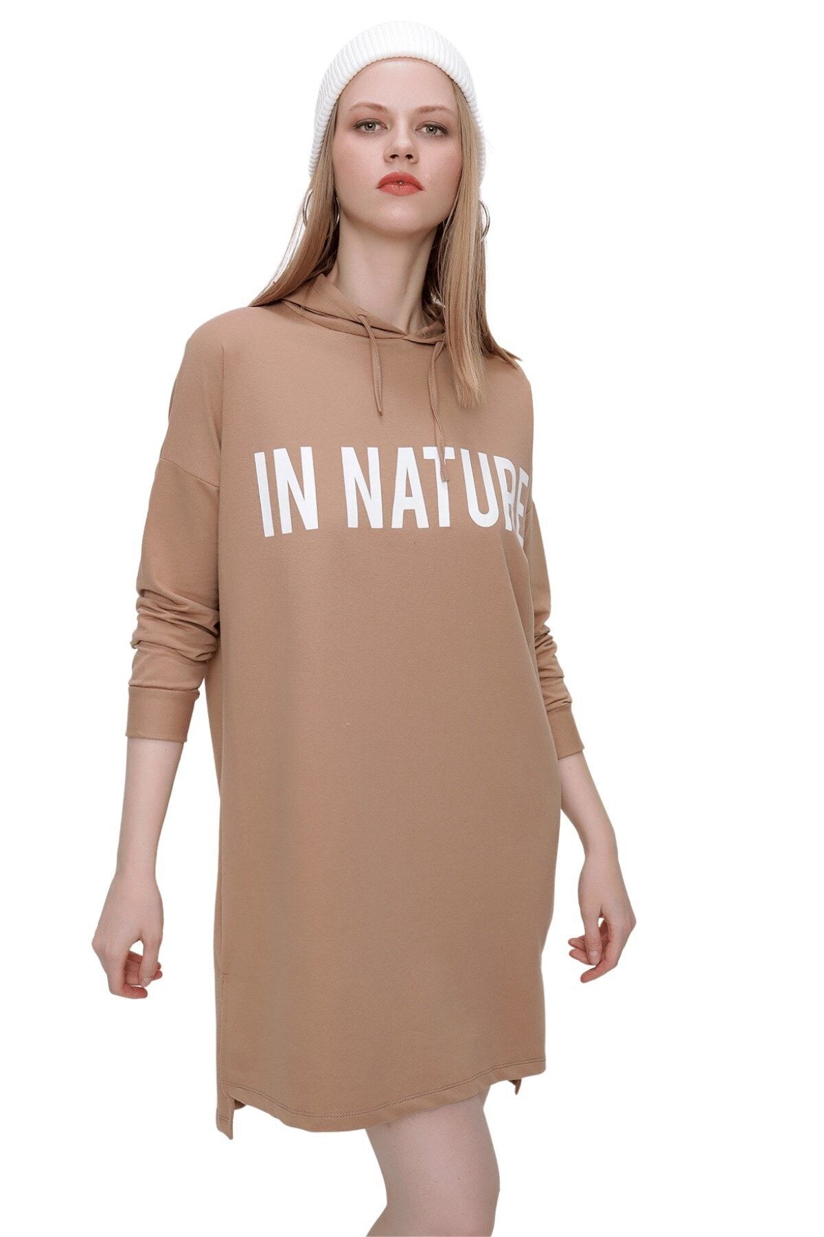 butikburuç Kadın Camel Kapşonlu Uzun Sweat